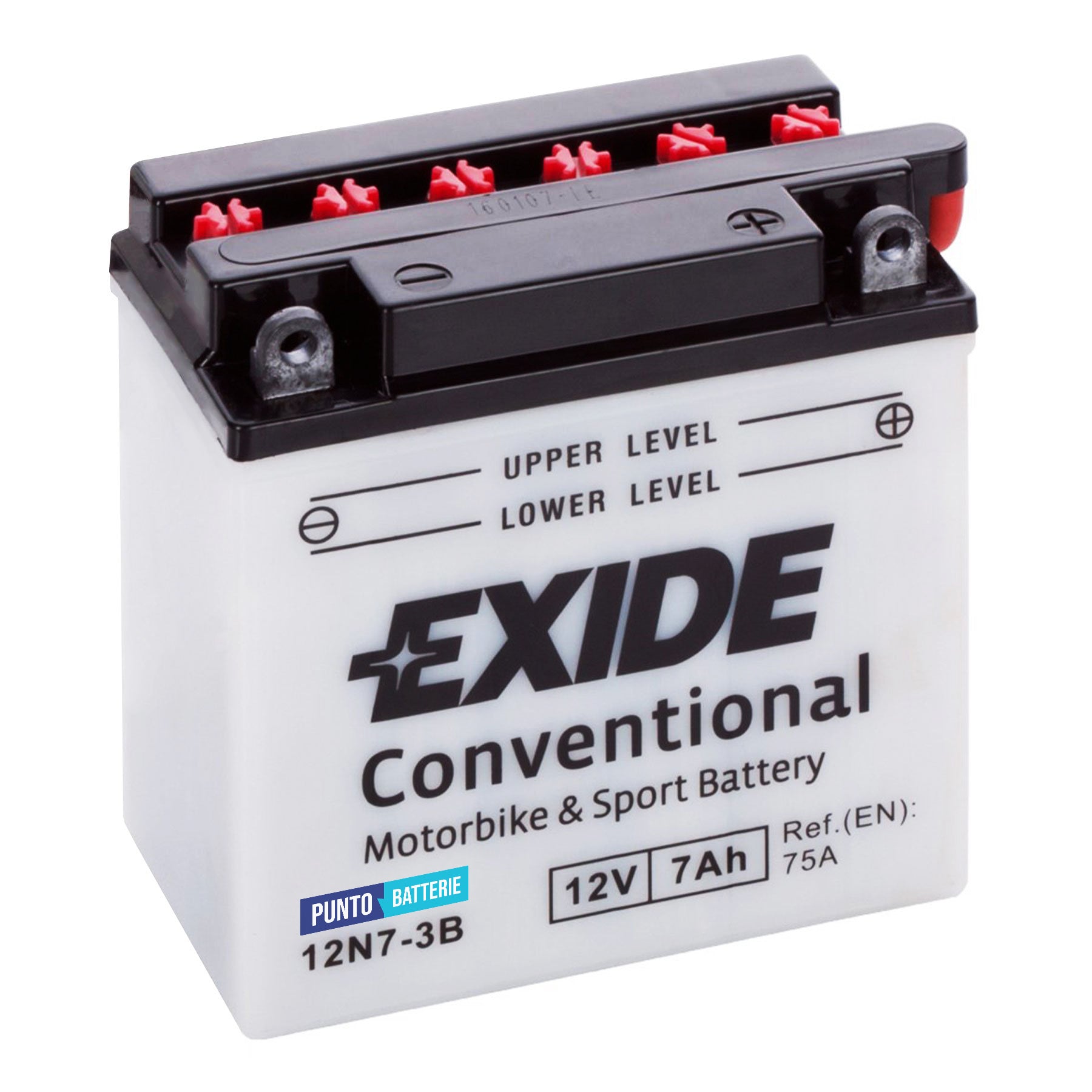 Batteria originale Exide Conventional 12N7-3B, dimensioni 135 x 75 x 133, polo positivo a destra, 12 volt, 7 amperora, 75 ampere. Batteria per moto, scooter e powersport.