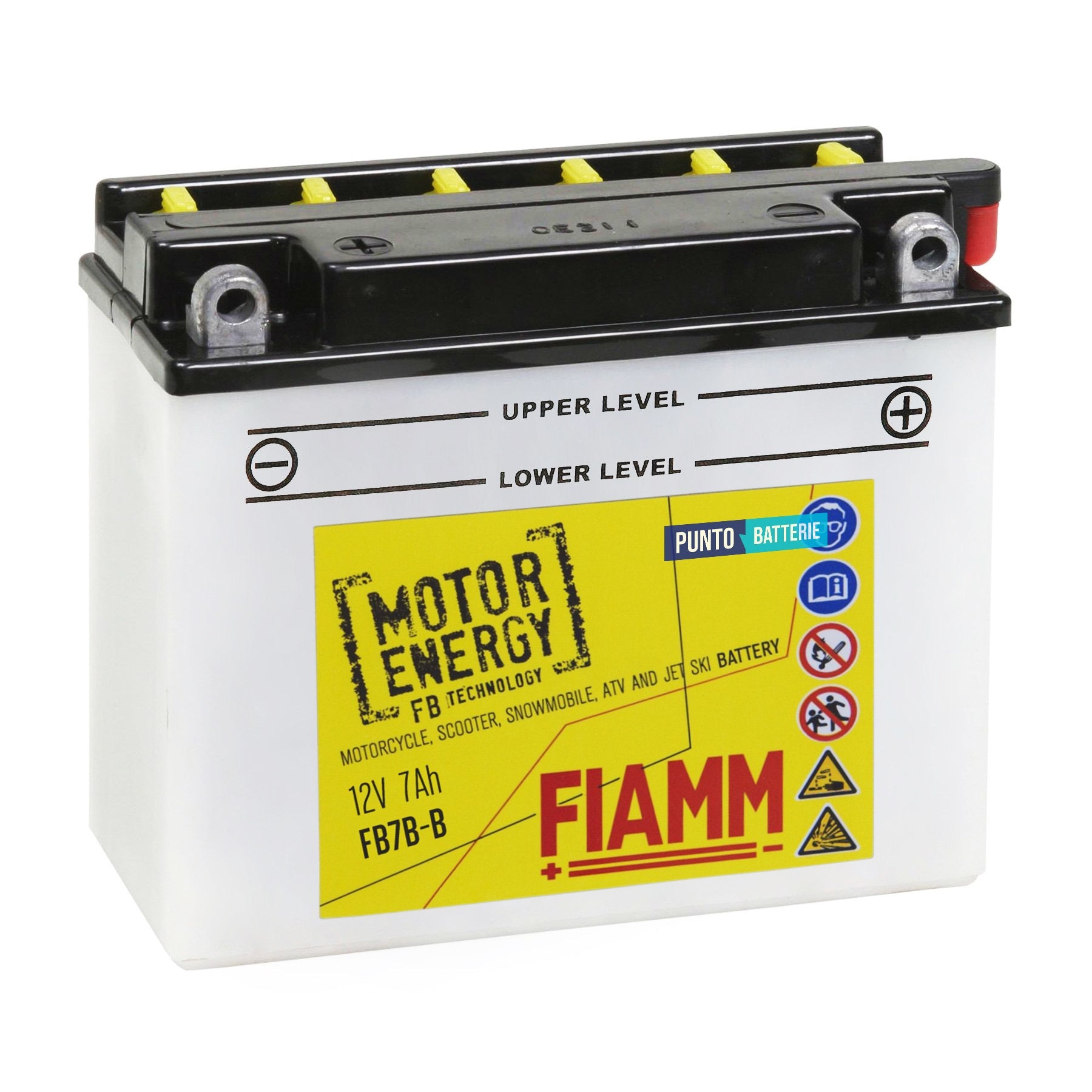 Batteria originale Fiamm Motor Energy FB FB7B-B, dimensioni 150 x 60 x 130, polo positivo a sinistra, 12 volt, 7 amperora, 80 ampere. Batteria per moto, scooter e powersport.