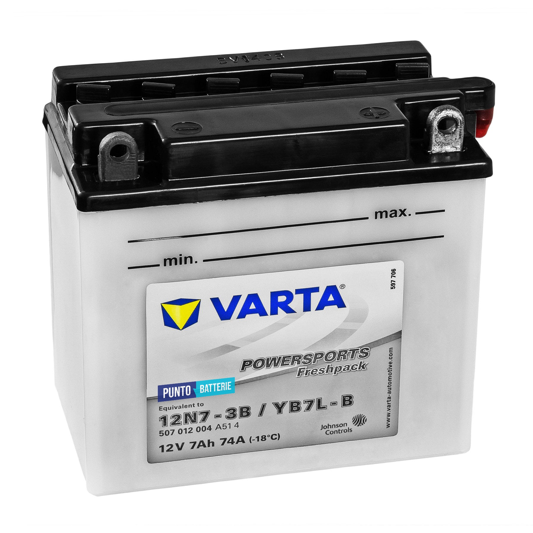 Batteria originale Varta Powersport Freshpack 12N7-3B, dimensioni 136 x 91 x 146, polo positivo a destra, 12 volt, 7 amperora, 74 ampere. Batteria per moto, scooter e powersport.