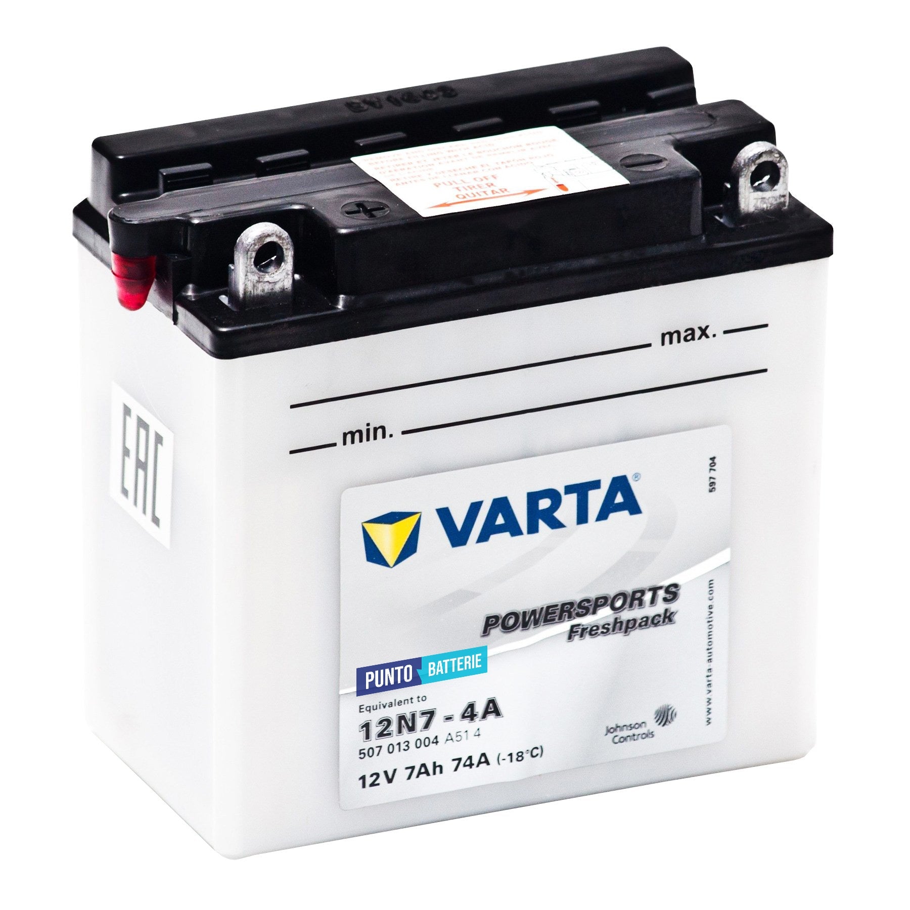 Batteria originale Varta Powersport Freshpack 12N7-4A, dimensioni 136 x 82 x 161, polo positivo a sinistra, 12 volt, 7 amperora, 74 ampere. Batteria per moto, scooter e powersport.