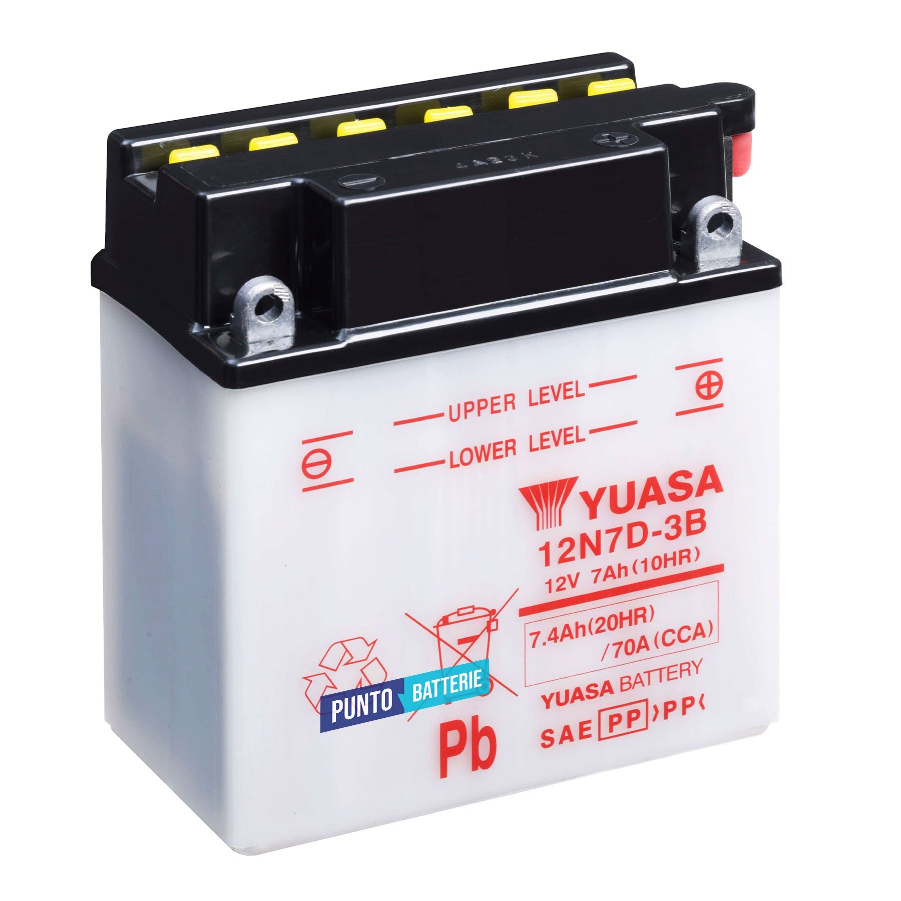 Batteria originale Yuasa Conventional 12N7D-3B, dimensioni 135 x 75 x 150, polo positivo a destra, 12 volt, 7 amperora, 70 ampere. Batteria per moto, scooter e powersport.