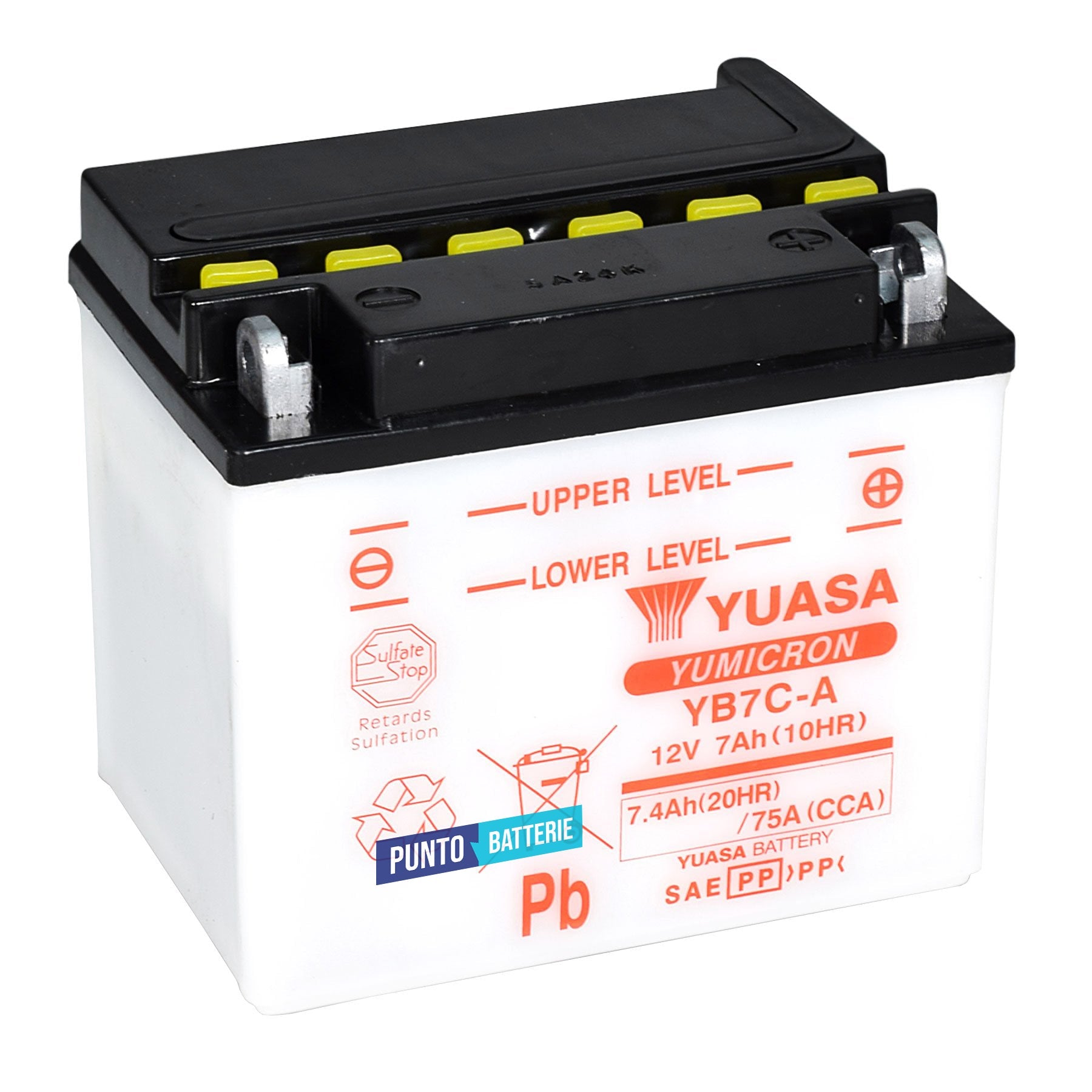 Batteria originale Yuasa YuMicron YB7C-A, dimensioni 130 x 90 x 114, polo positivo a destra, 12 volt, 7 amperora, 75 ampere. Batteria per moto, scooter e powersport.