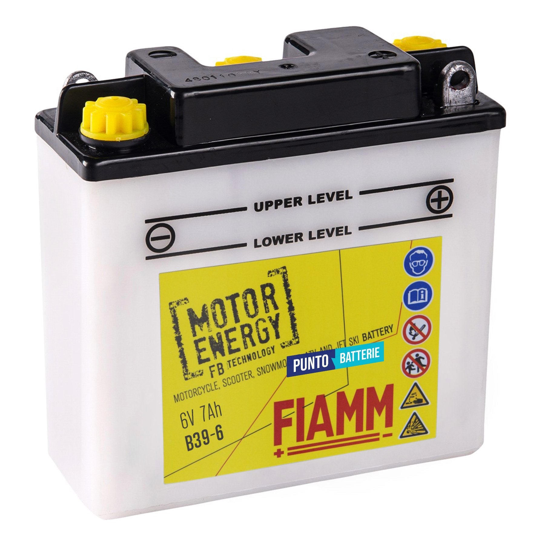 Batteria originale Fiamm Motor Energy FB B39-6, dimensioni 127 x 50 x 123, polo positivo a destra, 6 volt, 7 amperora, 35 ampere. Batteria per moto, scooter e powersport.