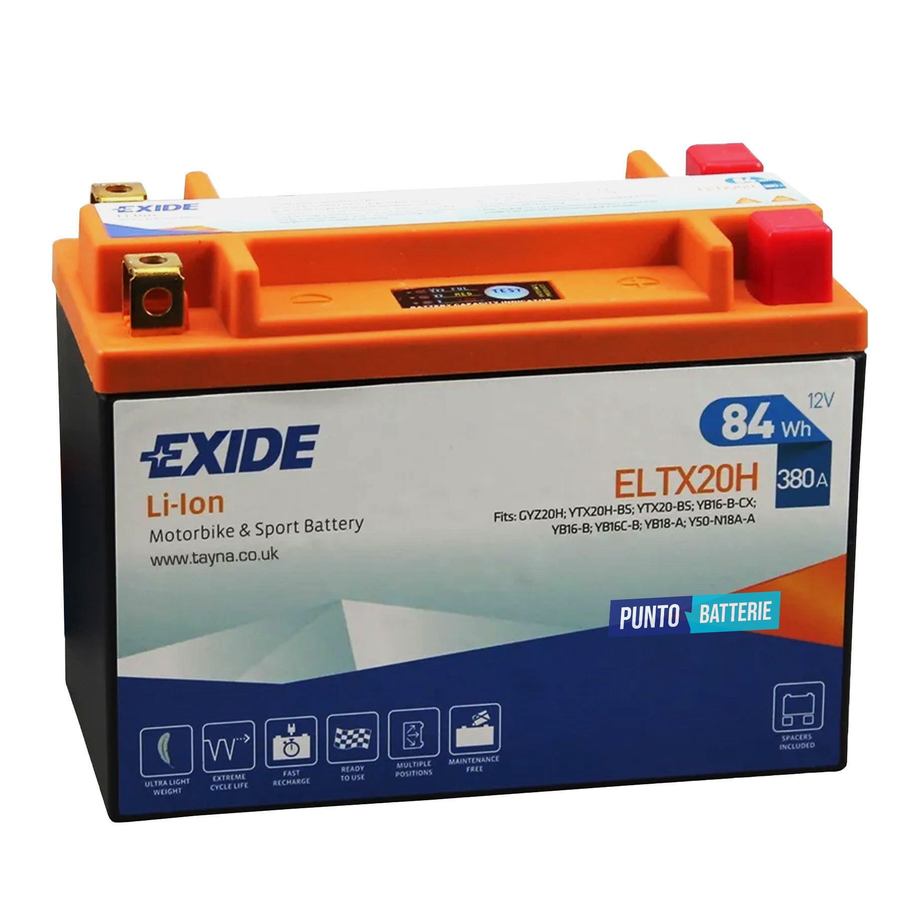 Batteria originale Exide LI-ION ELTX20H, dimensioni 175 x 90 x 130, polo positivo a destra e sinistra, 12 volt, 7 amperora, 380 ampere. Batteria per moto, scooter e powersport.
