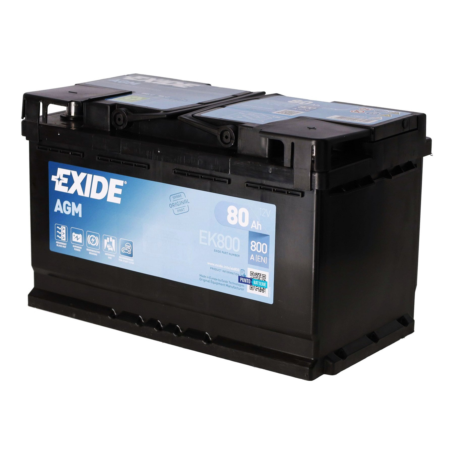 Batteria originale Exide AGM EK800, dimensioni 315 x 175 x 190, polo positivo a destra, 12 volt, 80 amperora, 800 ampere, AGM. Batteria per auto e veicoli leggeri con start e stop.