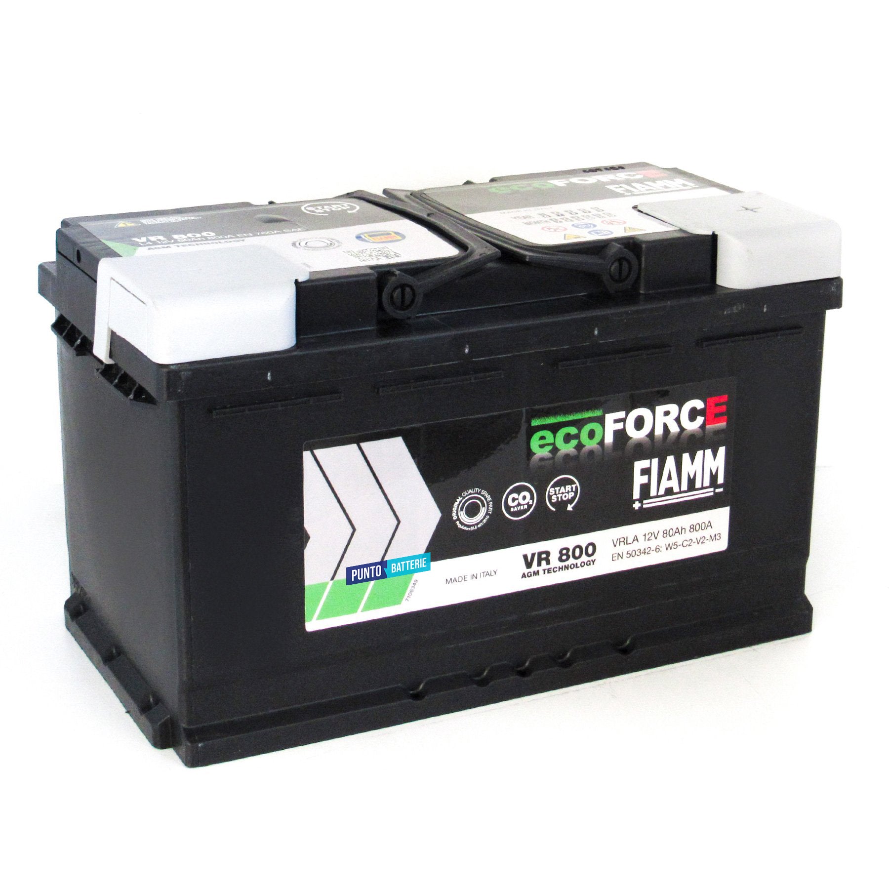 Batteria originale Fiamm EcoFORCE AGM VR 800, dimensioni 315 x 175 x 190, polo positivo a destra, 12 volt, 80 amperora, 800 ampere, AGM. Batteria per auto e veicoli leggeri con start e stop.