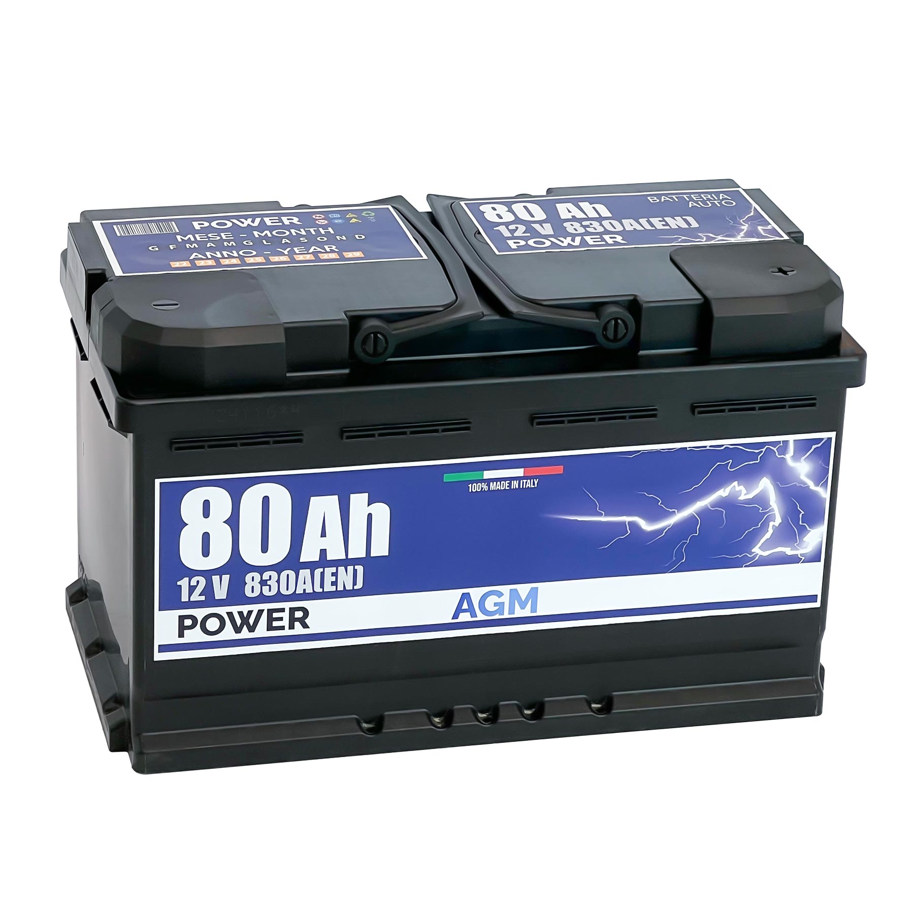 Batteria originale Power AGM PK800, dimensioni 315 x 175 x 190, polo positivo a destra, 12 volt, 80 amperora, 830 ampere, AGM. Batteria per auto e veicoli leggeri con start e stop.