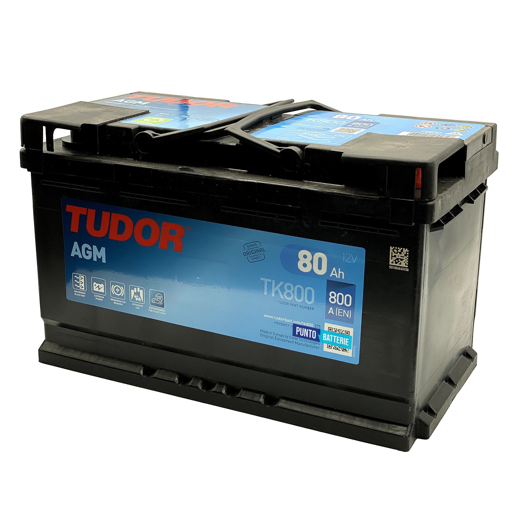 Batteria originale Tudor AGM TK800, dimensioni 315 x 175 x 190, polo positivo a destra, 12 volt, 80 amperora, 800 ampere, AGM. Batteria per auto e veicoli leggeri con start e stop.