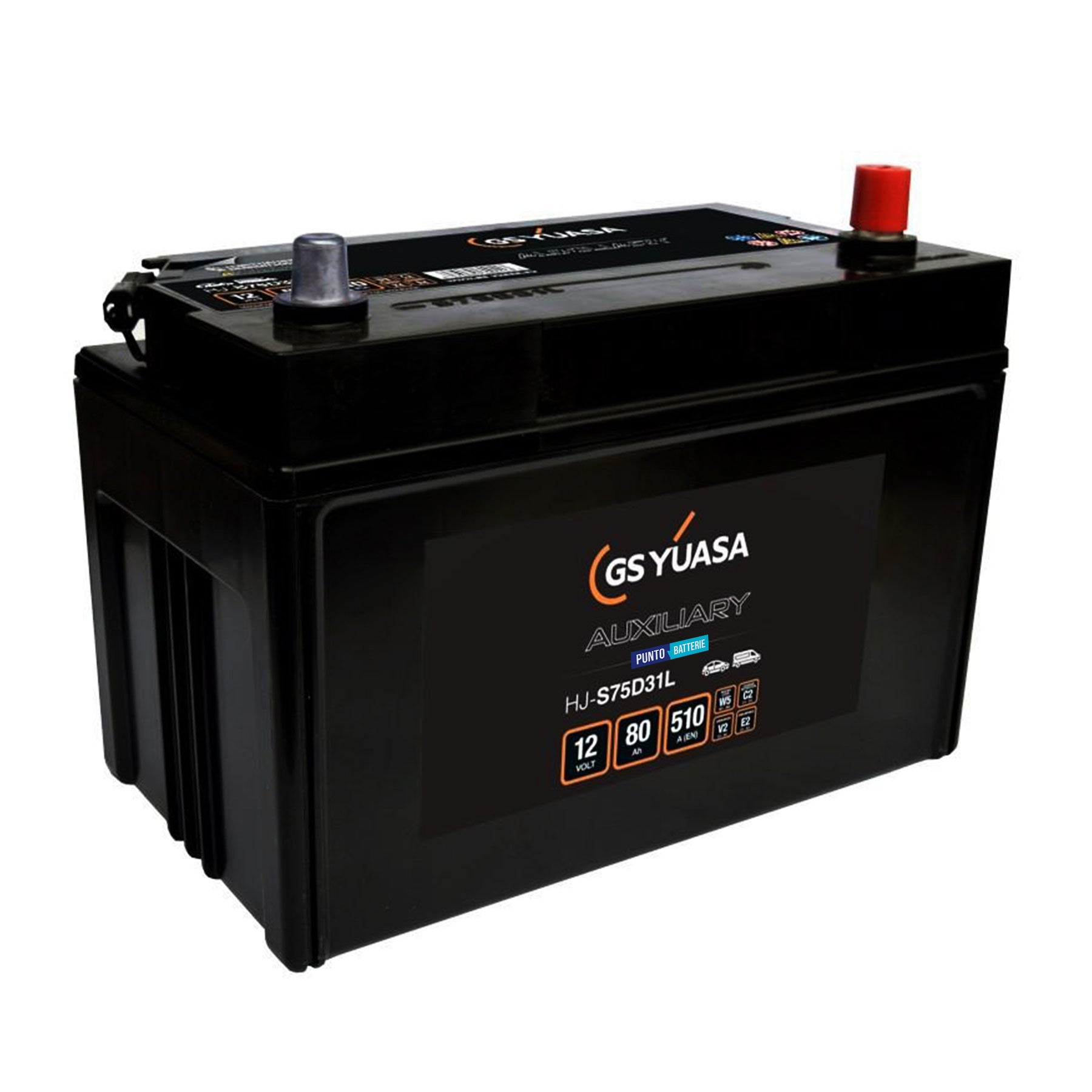 Batteria originale Yuasa Ausiliarie e Backup HJ-S75D31L, dimensioni 304 x 171 x 227, polo positivo a destra, 12 volt, 80 amperora, 510 ampere, AGM. Batteria ausiliaria per auto e veicoli leggeri con start e stop.