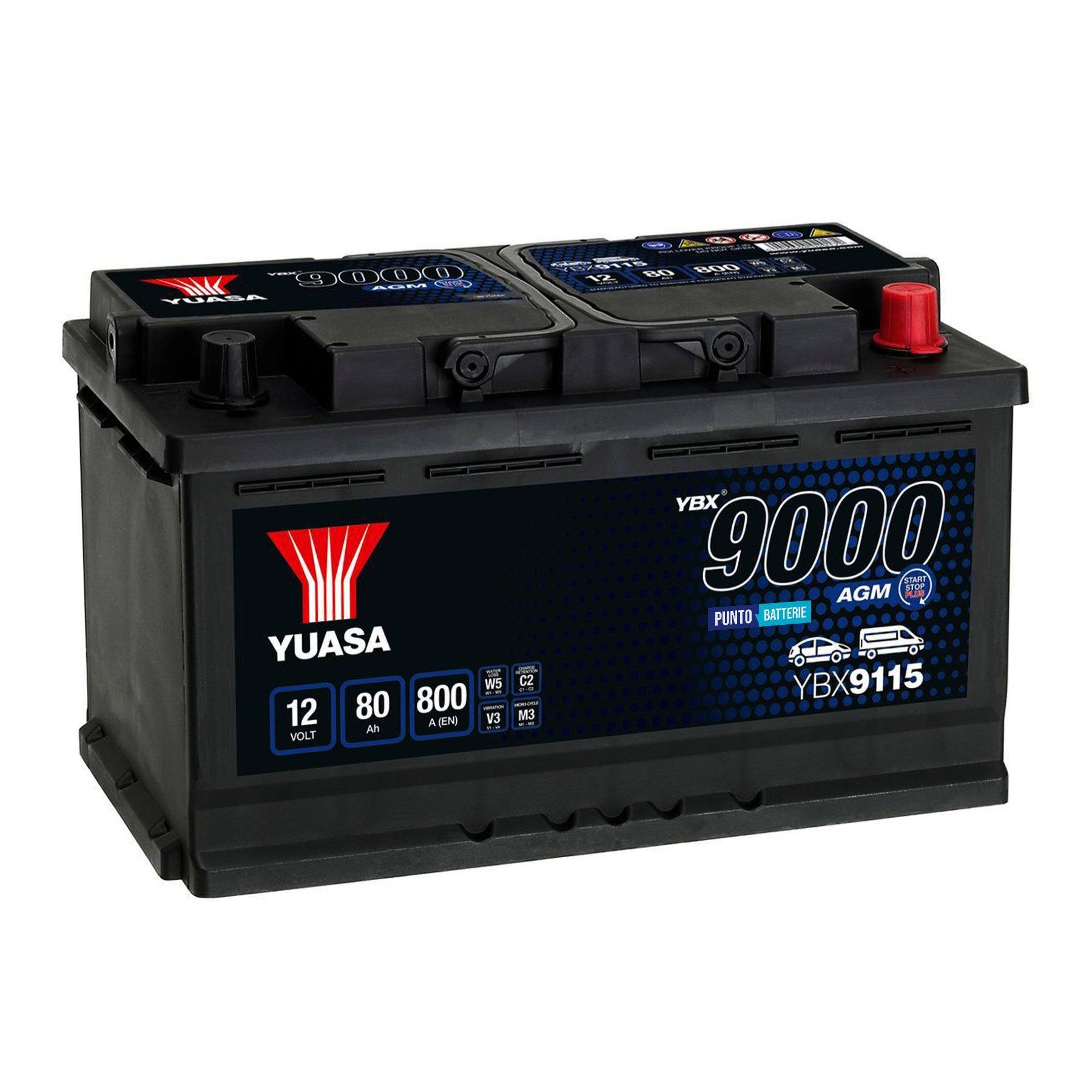 Batteria originale Yuasa YBX9000 YBX9115, dimensioni 317 x 175 x 190, polo positivo a destra, 12 volt, 80 amperora, 800 ampere, AGM. Batteria per auto e veicoli leggeri con start e stop.