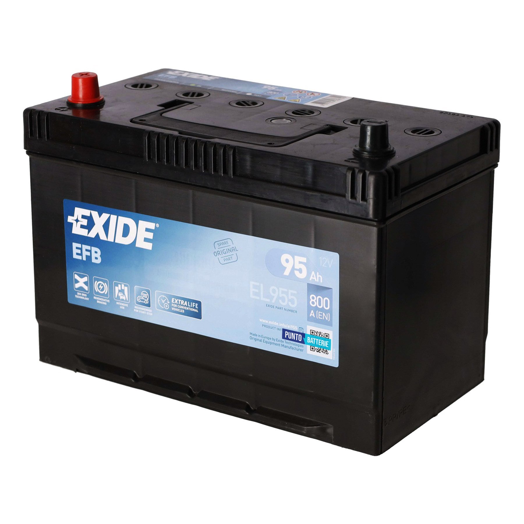 Batteria originale Exide EFB EL955, dimensioni 306 x 173 x 222, polo positivo a sinistra, 12 volt, 80 amperora, 782 ampere, EFB. Batteria per auto e veicoli leggeri con start e stop.