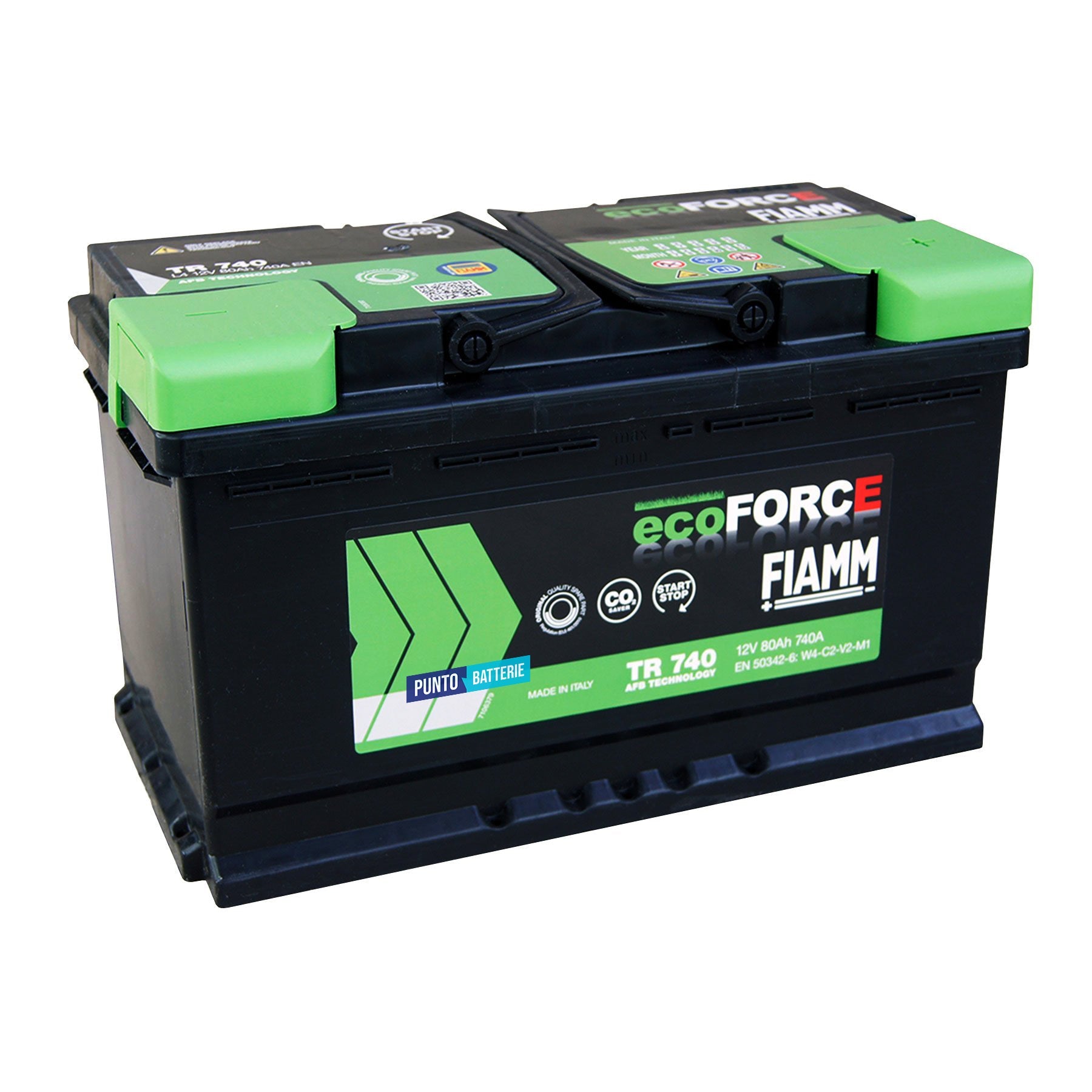 Batteria originale Fiamm EcoFORCE AFB TR 740, dimensioni 315 x 175 x 190, polo positivo a destra, 12 volt, 80 amperora, 740 ampere, EFB. Batteria per auto e veicoli leggeri con start e stop.