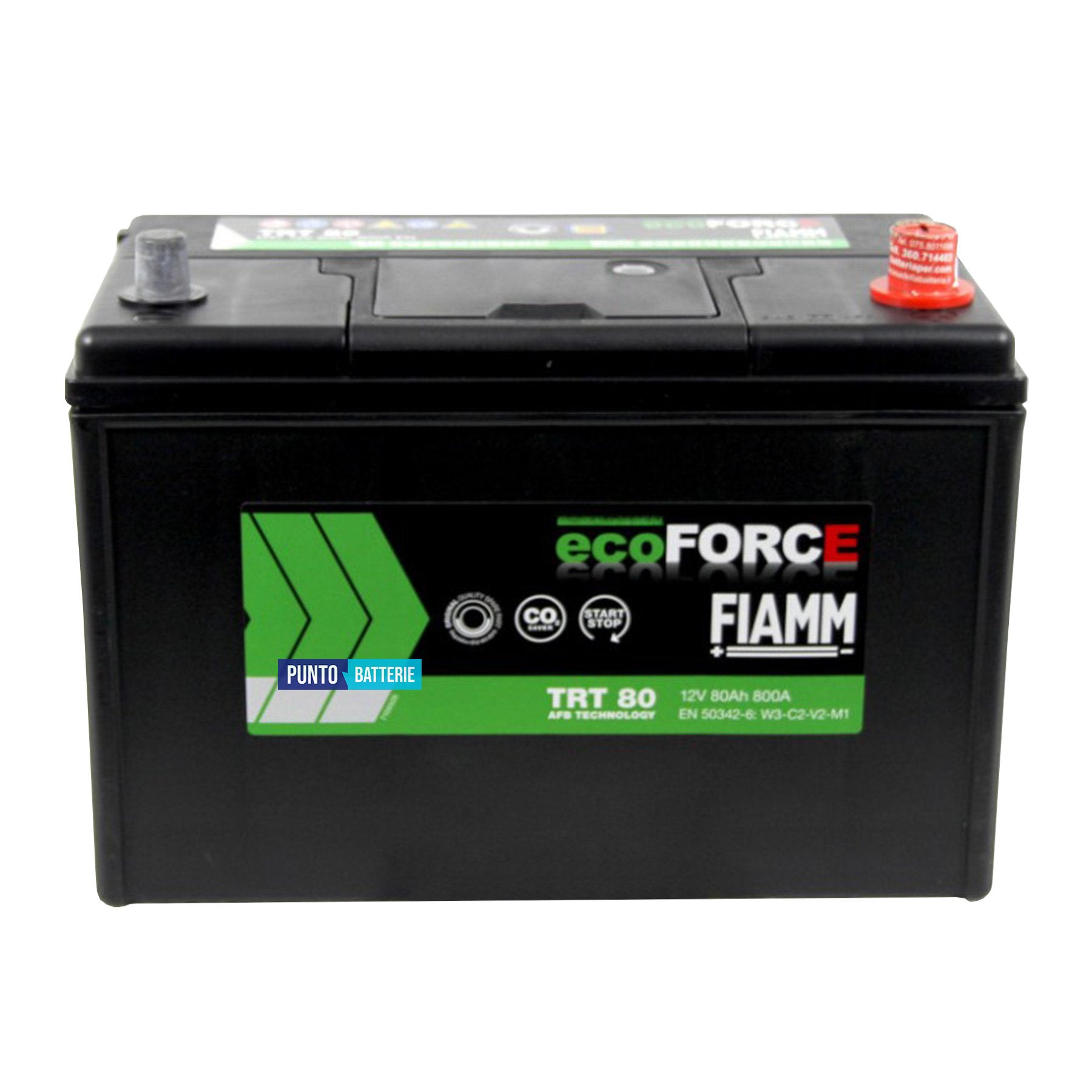 Batteria originale Fiamm EcoFORCE AFB TRT 80, dimensioni 302 x 172 x 220, polo positivo a destra, 12 volt, 80 amperora, 800 ampere, EFB. Batteria per auto e veicoli leggeri con start e stop.