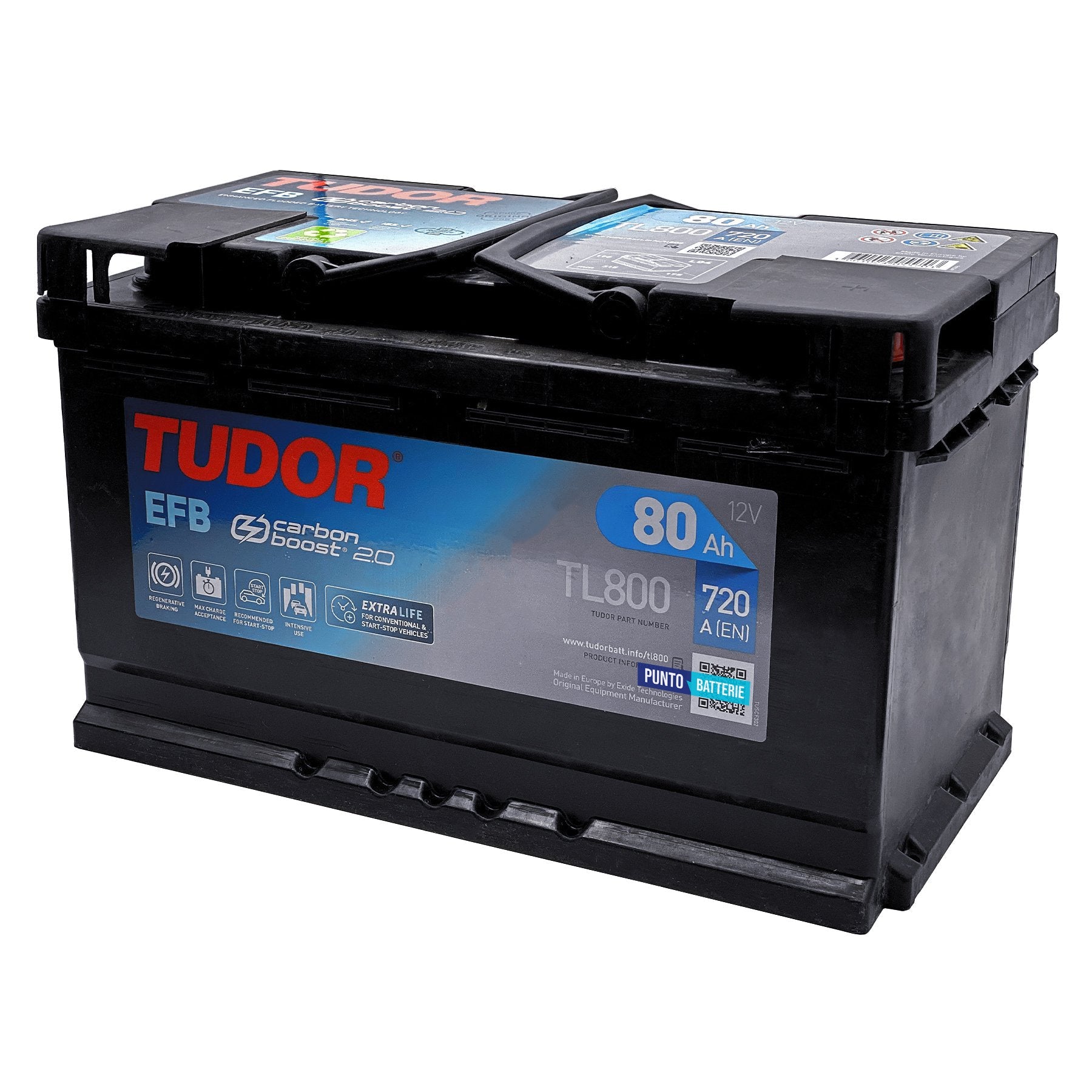 Batteria originale Tudor EFB TL800, dimensioni 315 x 175 x 190, polo positivo a destra, 12 volt, 80 amperora, 800 ampere, EFB. Batteria per auto e veicoli leggeri con start e stop.