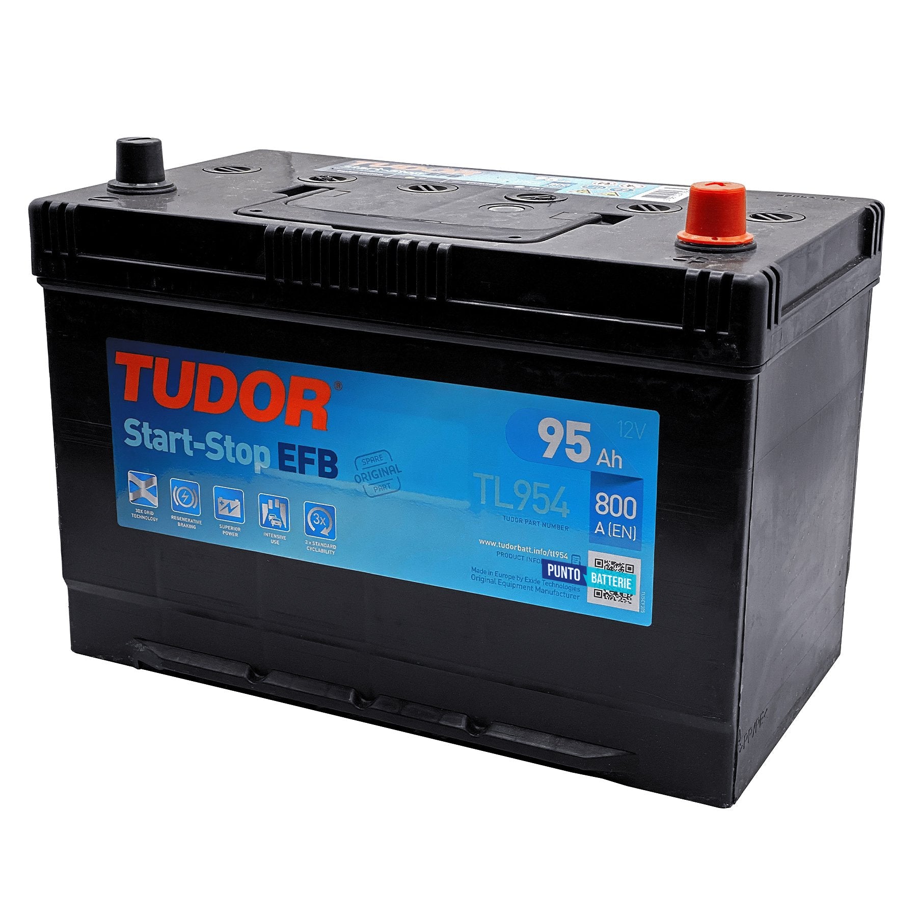 Batteria originale Tudor EFB TL954, dimensioni 306 x 173 x 222, polo positivo a destra, 12 volt, 80 amperora, 782 ampere, EFB. Batteria per auto e veicoli leggeri con start e stop.