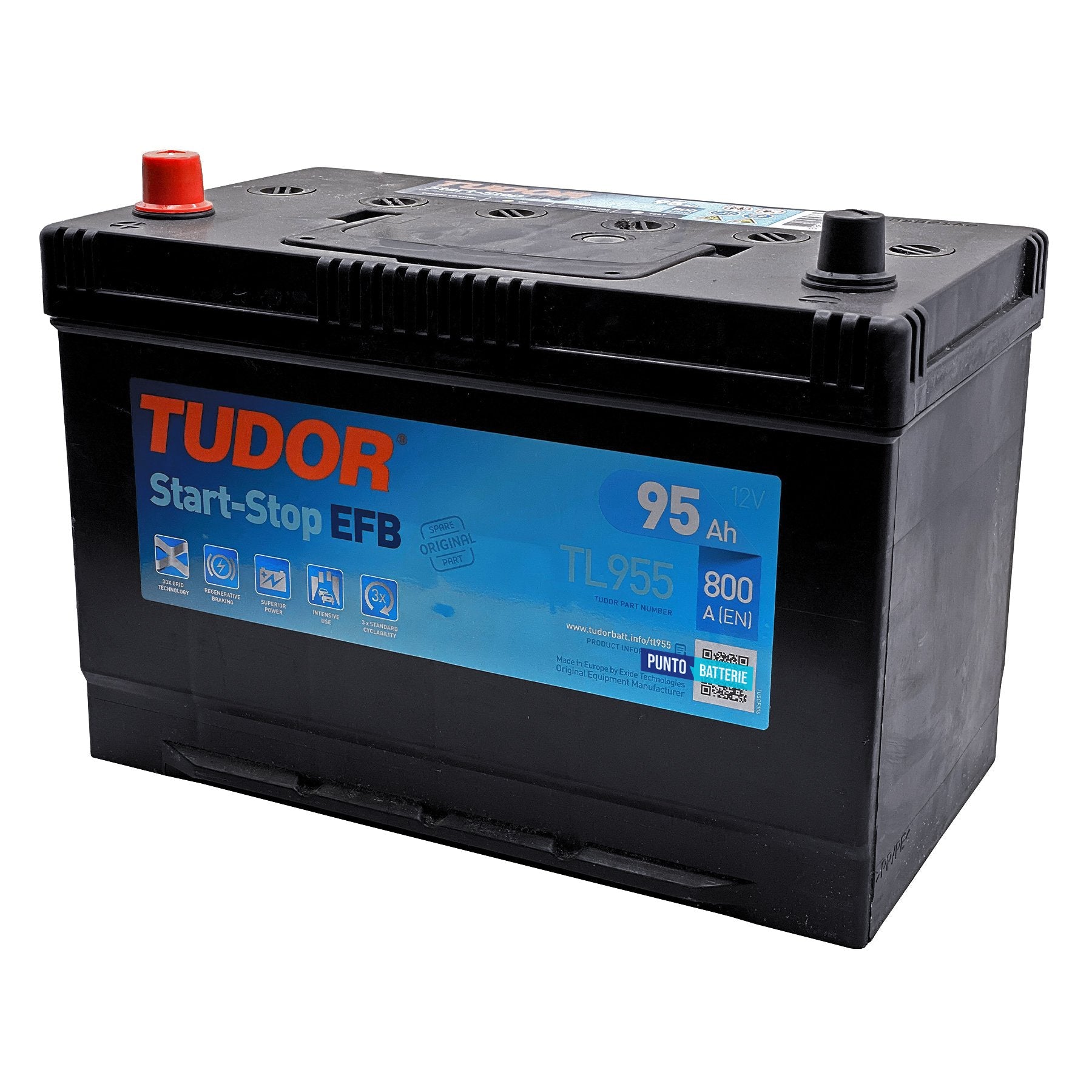 Batteria originale Tudor EFB TL955, dimensioni 306 x 173 x 222, polo positivo a sinistra, 12 volt, 80 amperora, 782 ampere, EFB. Batteria per auto e veicoli leggeri con start e stop.