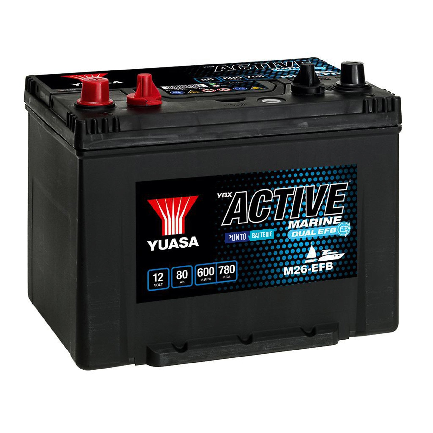 Batteria originale Yuasa YBX ACTIVE Marine DUAL EFB M26-EFB, dimensioni 260 x 174 x 225, 12 volt, 80 amperora, EFB. Batteria per servizi di camper, barca e applicazioni a scarica lenta.
