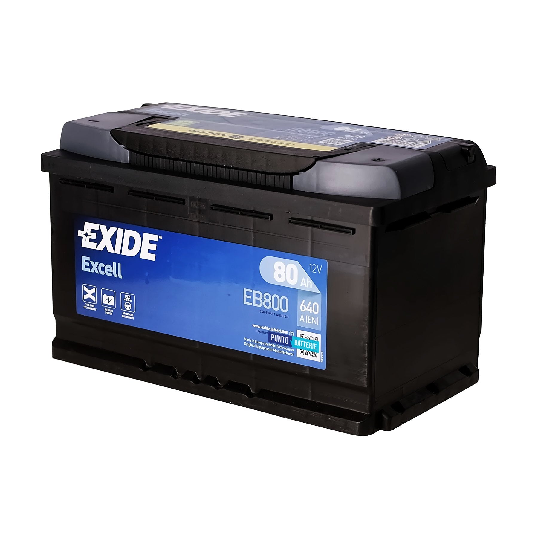 Batteria originale Exide Excell EB800, dimensioni 315 x 175 x 190, polo positivo a destra, 12 volt, 80 amperora, 640 ampere. Batteria per auto e veicoli leggeri.