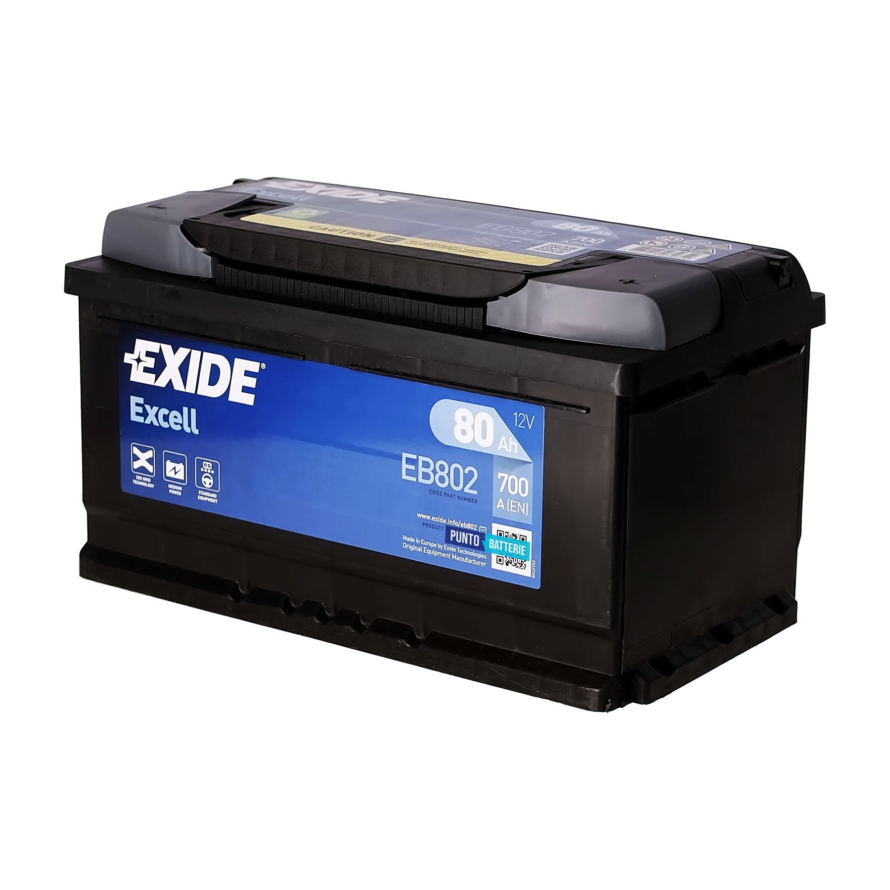 Batteria originale Exide Excell EB802, dimensioni 315 x 175 x 175, polo positivo a destra, 12 volt, 80 amperora, 700 ampere. Batteria per auto e veicoli leggeri.