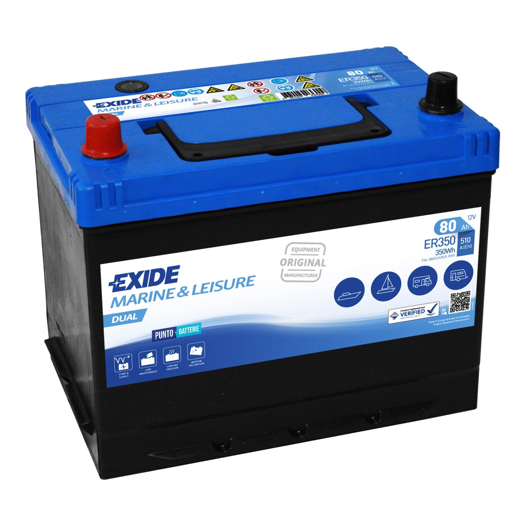 Batteria originale Exide Dual ER350, dimensioni 270 x 173 x 222, 12 volt, 80 amperora. Batteria per servizi di camper, barca e applicazioni a scarica lenta.