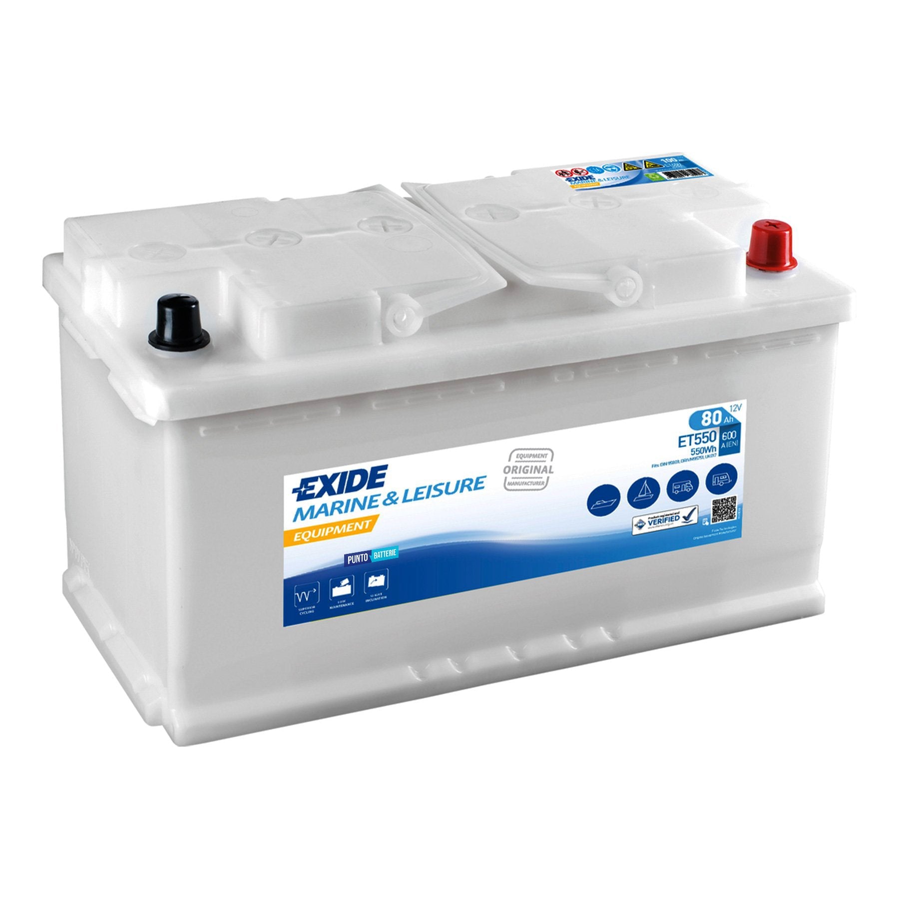 Batteria originale Exide Equipment ET550, dimensioni 278 x 175 x 190, 12 volt, 80 amperora. Batteria per servizi di camper, barca e applicazioni a scarica lenta.