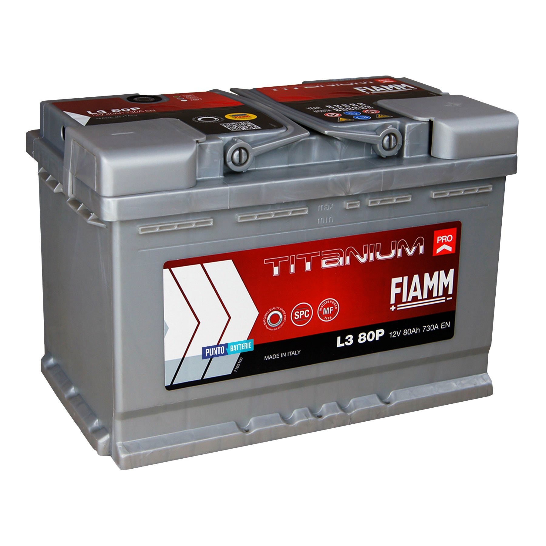 Batteria originale Fiamm Titanium PRO L3 80P, dimensioni 278 x 175 x 190, polo positivo a destra, 12 volt, 80 amperora, 730 ampere. Batteria per auto e veicoli leggeri.
