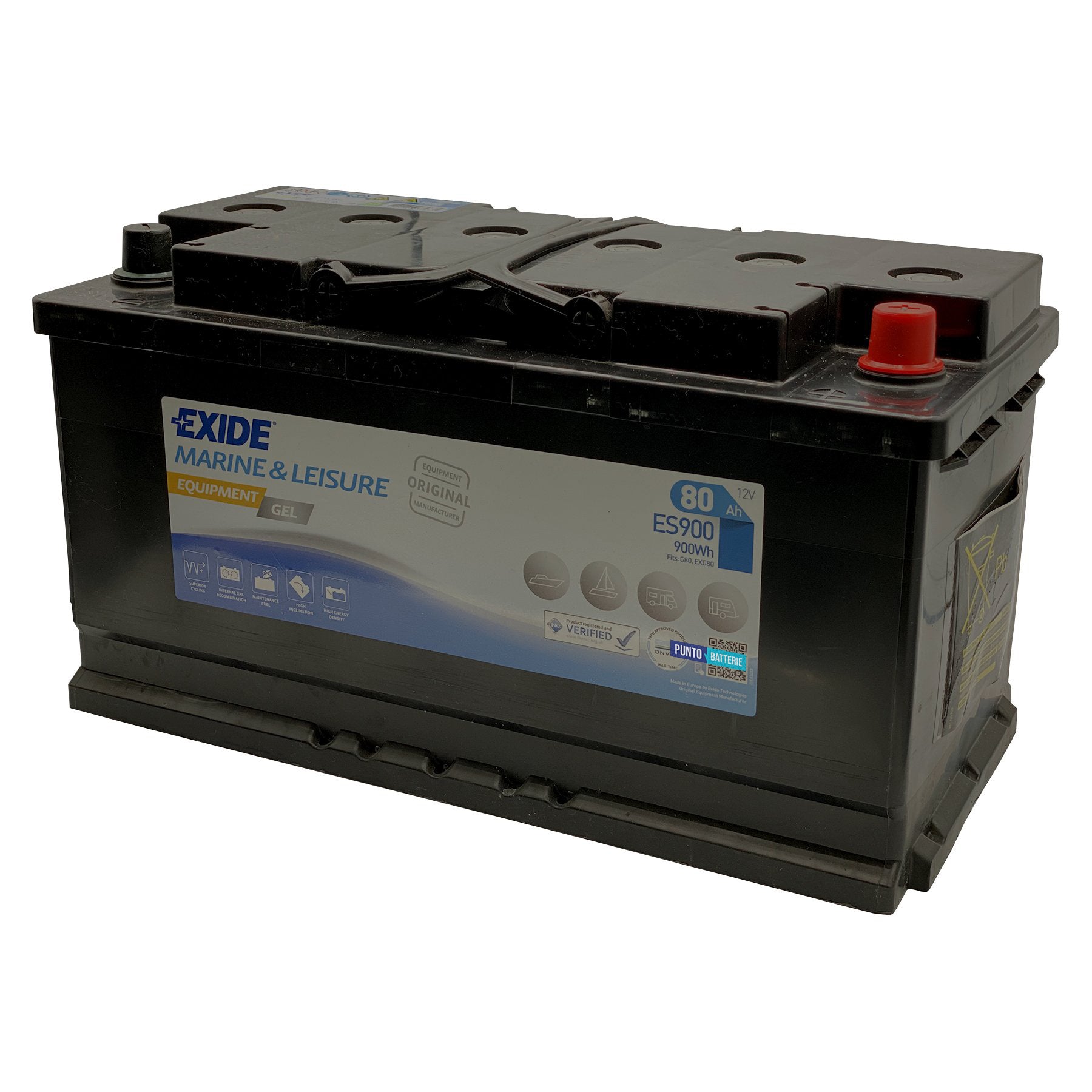 Batteria originale Exide Equipment Gel ES900, dimensioni 353 x 175 x 190, 12 volt, 80 amperora, GEL. Batteria per servizi di camper, barca e applicazioni a scarica lenta.
