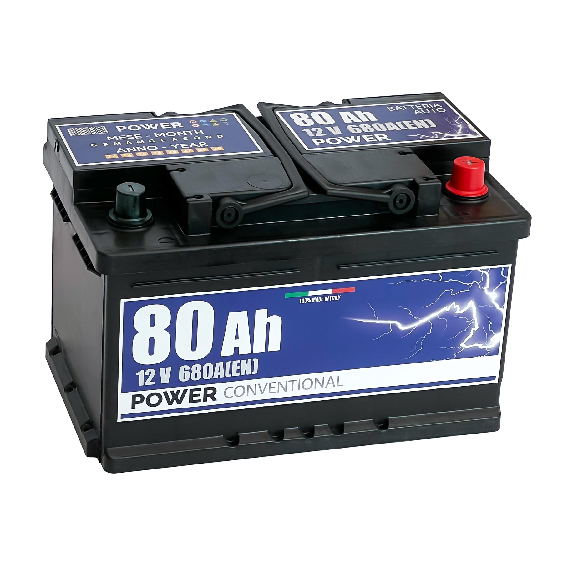 Batteria originale Power Conventional PB802, dimensioni 278 x 175 x 175, polo positivo a destra, 12 volt, 80 amperora, 680 ampere. Batteria per auto e veicoli leggeri.