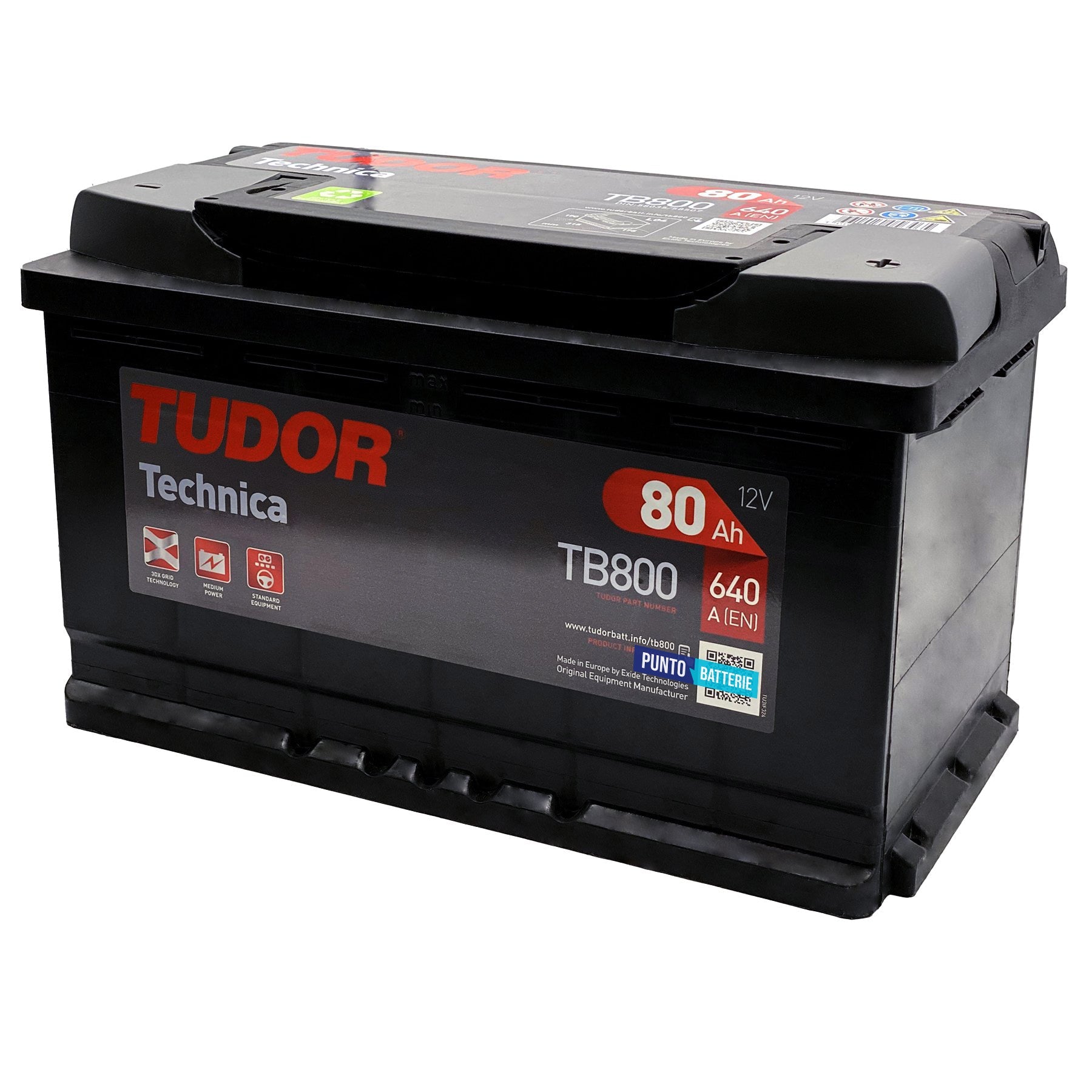 Batteria originale Tudor Technica TB800, dimensioni 315 x 175 x 190, polo positivo a destra, 12 volt, 80 amperora, 640 ampere. Batteria per auto e veicoli leggeri.