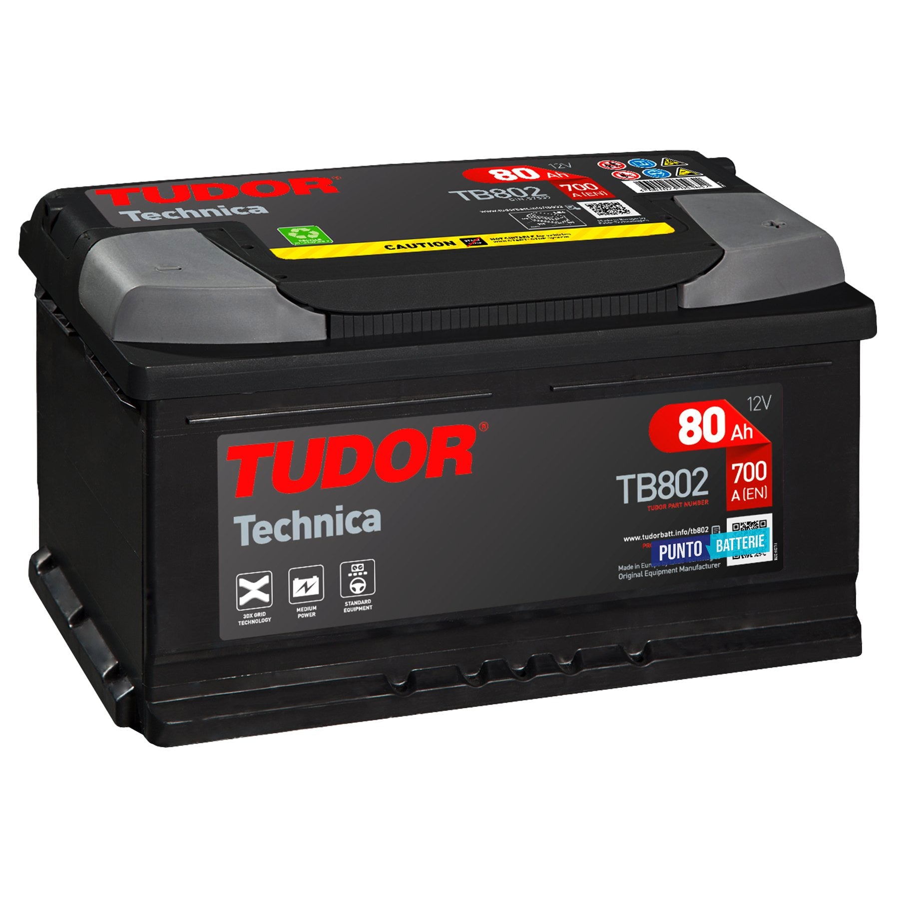Batteria originale Tudor Technica TB802, dimensioni 315 x 175 x 175, polo positivo a destra, 12 volt, 80 amperora, 700 ampere. Batteria per auto e veicoli leggeri.