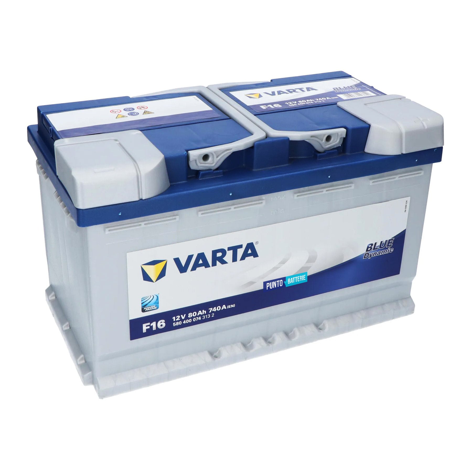 Batteria originale Varta Blue Dynamic F16, dimensioni 315 x 175 x 190, polo positivo a destra, 12 volt, 80 amperora, 740 ampere. Batteria per auto e veicoli leggeri.