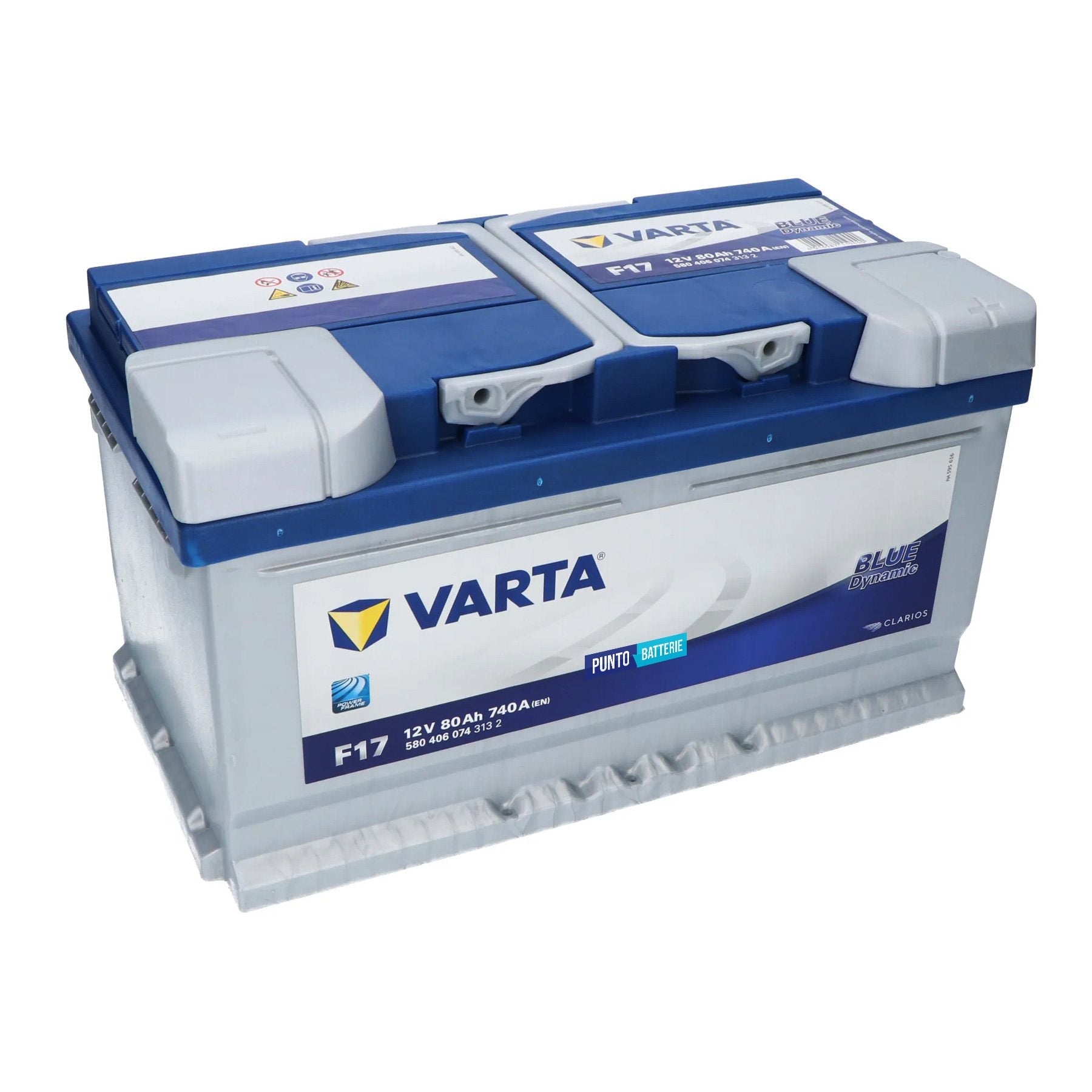 Batteria originale Varta Blue Dynamic F17, dimensioni 315 x 175 x 175, polo positivo a destra, 12 volt, 80 amperora, 740 ampere. Batteria per auto e veicoli leggeri.