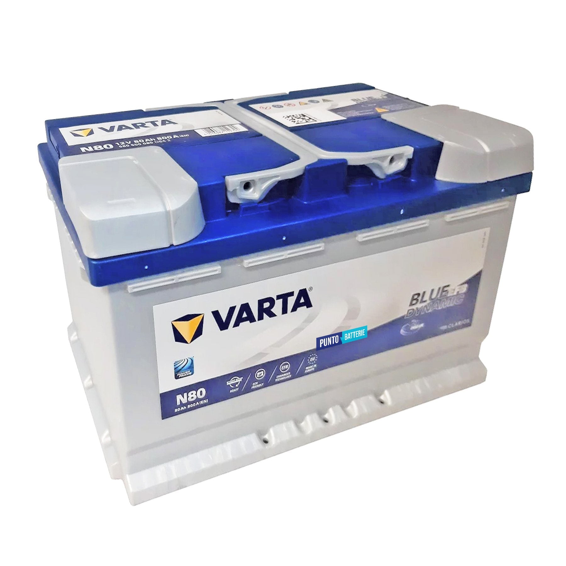 Batteria originale Varta Blue Dynamic EFB N80, dimensioni 315 x 175 x 190, polo positivo a destra, 12 volt, 80 amperora, 800 ampere, EFB. Batteria per auto e veicoli leggeri con start e stop.