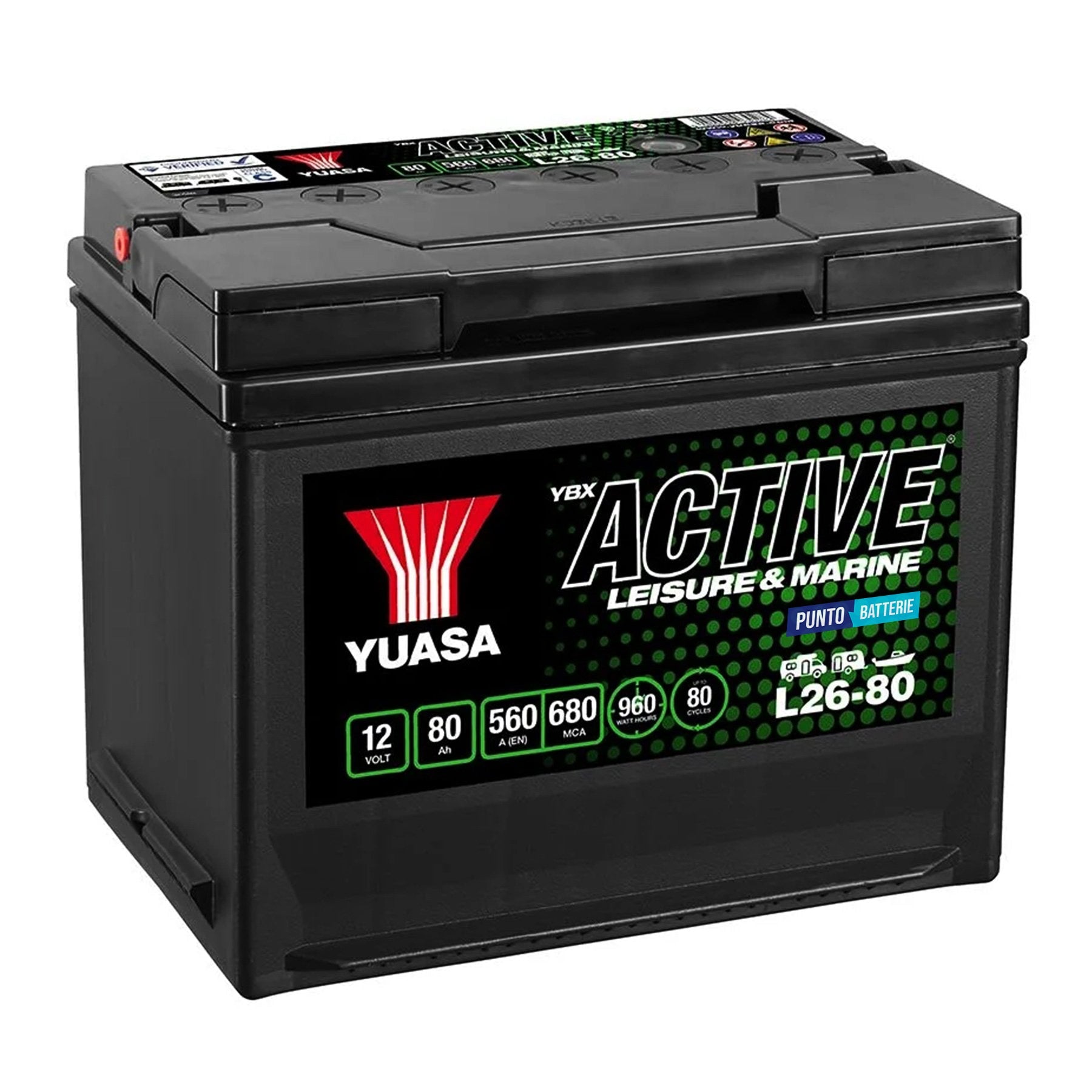 Batteria originale Yuasa YBX ACTIVE Leisure e Marine L26-80, dimensioni 269 x 174 x 225, 12 volt, 80 amperora. Batteria per servizi di camper, barca e applicazioni a scarica lenta.