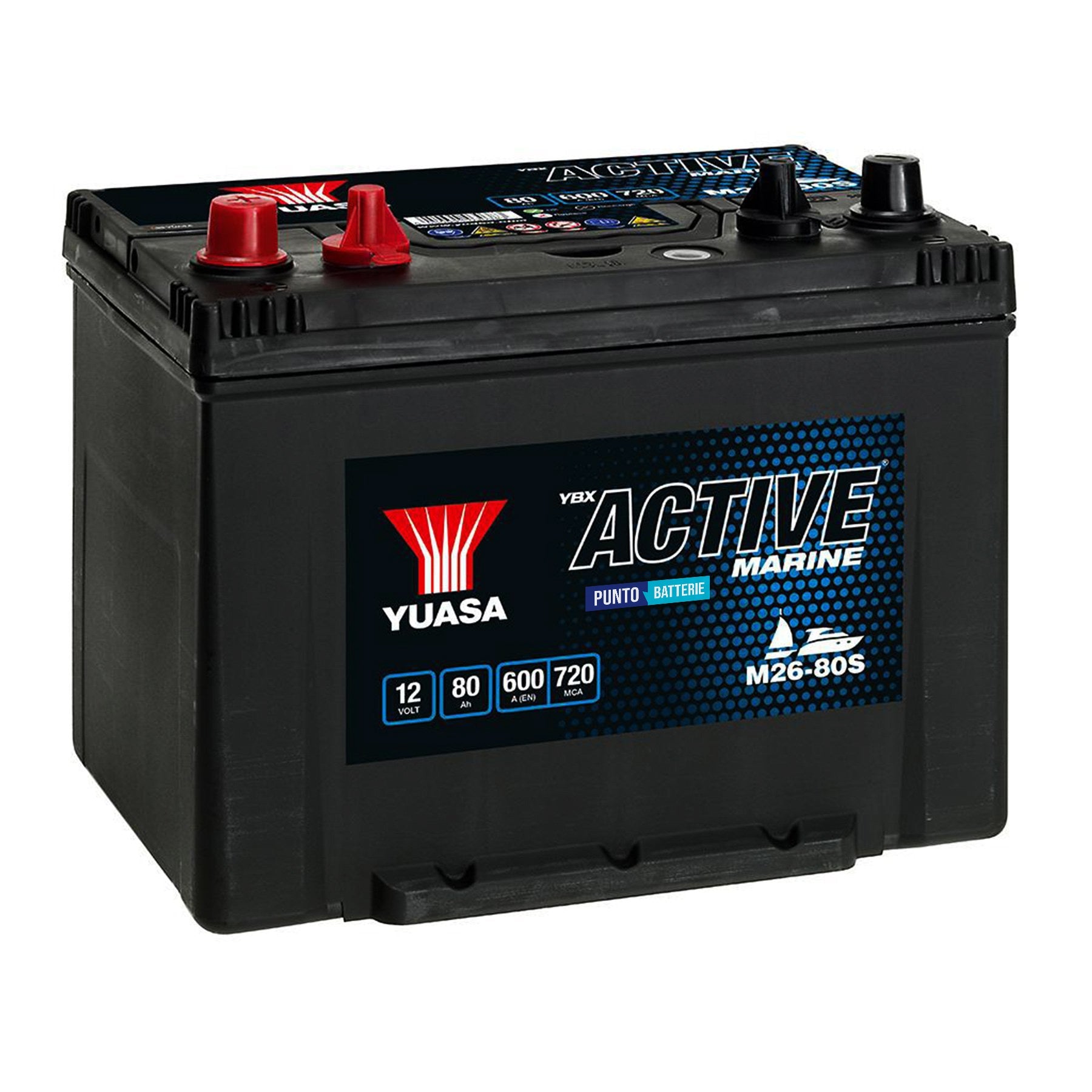 Batteria originale Yuasa YBX ACTIVE Marine Start M26-80S, dimensioni 260 x 174 x 225, 12 volt, 80 amperora. Batteria per servizi di camper, barca e applicazioni a scarica lenta.