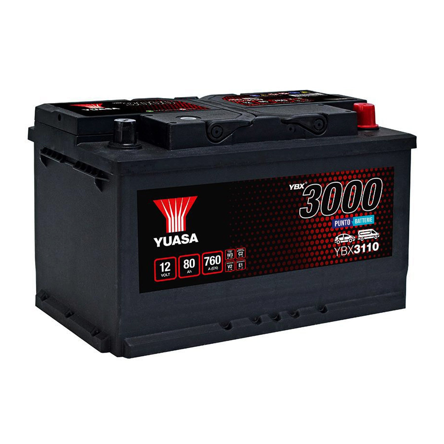 Batteria originale Yuasa YBX3000 YBX3110, dimensioni 315 x 175 x 175, polo positivo a destra, 12 volt, 80 amperora, 760 ampere. Batteria per auto e veicoli leggeri.