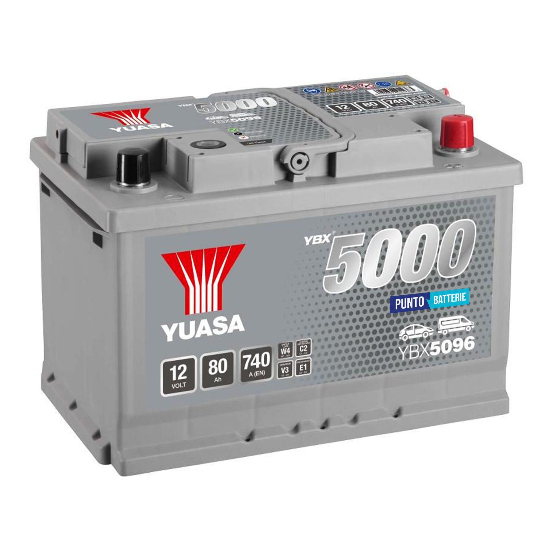Batteria originale Yuasa YBX5000 YBX5096, dimensioni 278 x 175 x 190, polo positivo a destra, 12 volt, 80 amperora, 740 ampere. Batteria per auto e veicoli leggeri.