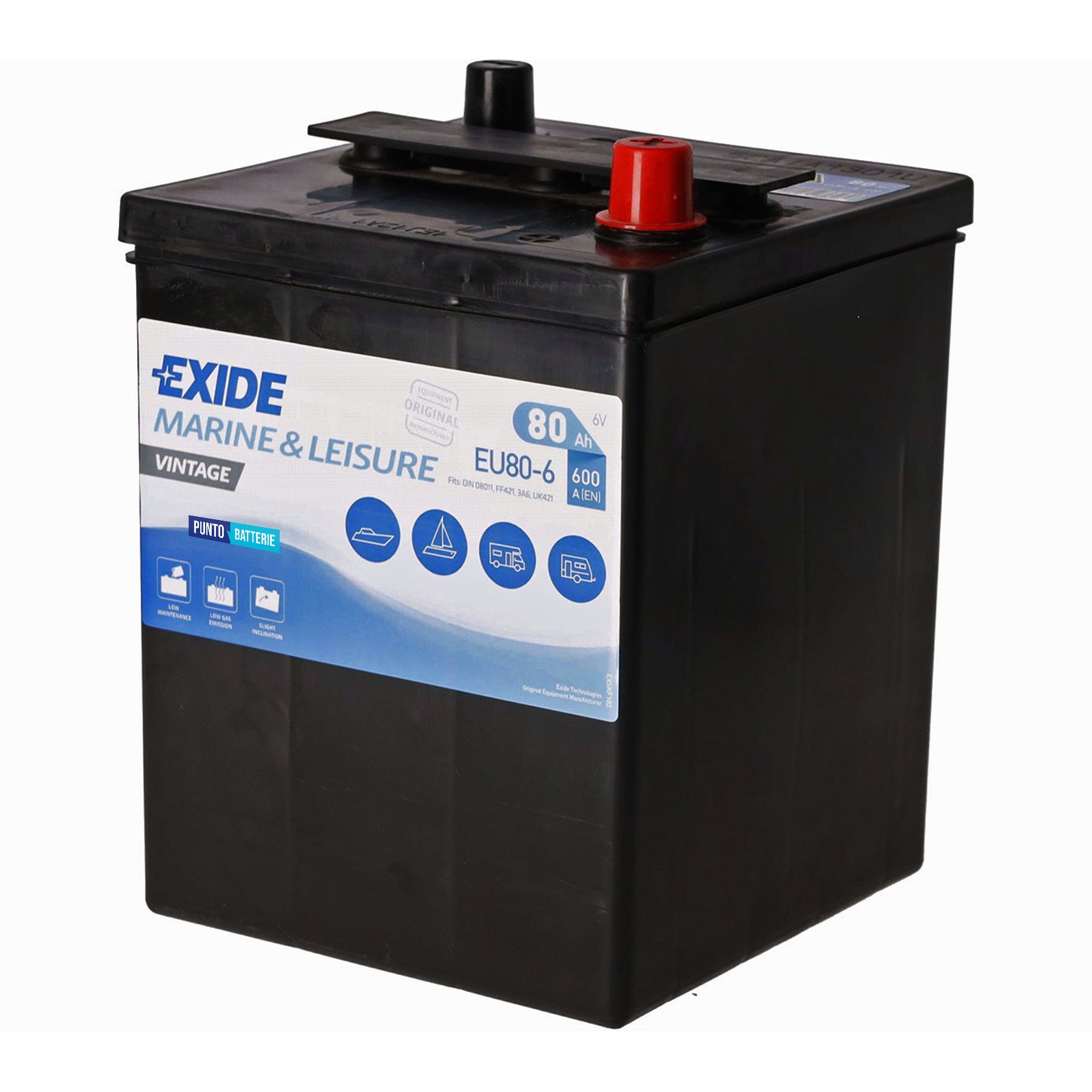 Batteria originale Exide Vintage EU80-6, dimensioni 158 x 165 x 213, 6 volt, 80 amperora, SLI. Batteria per veicoli d'epoca.