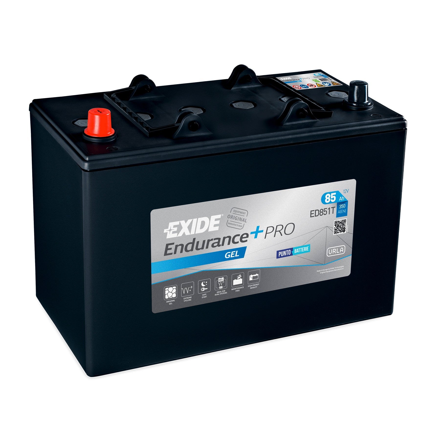 Batteria originale Exide Endurance + PRO GEL ED851T, dimensioni 349 x 175 x 235, polo positivo a sinistra, 12 volt, 83 amperora, 340 ampere, GEL. Batteria per camion e veicoli pesanti.