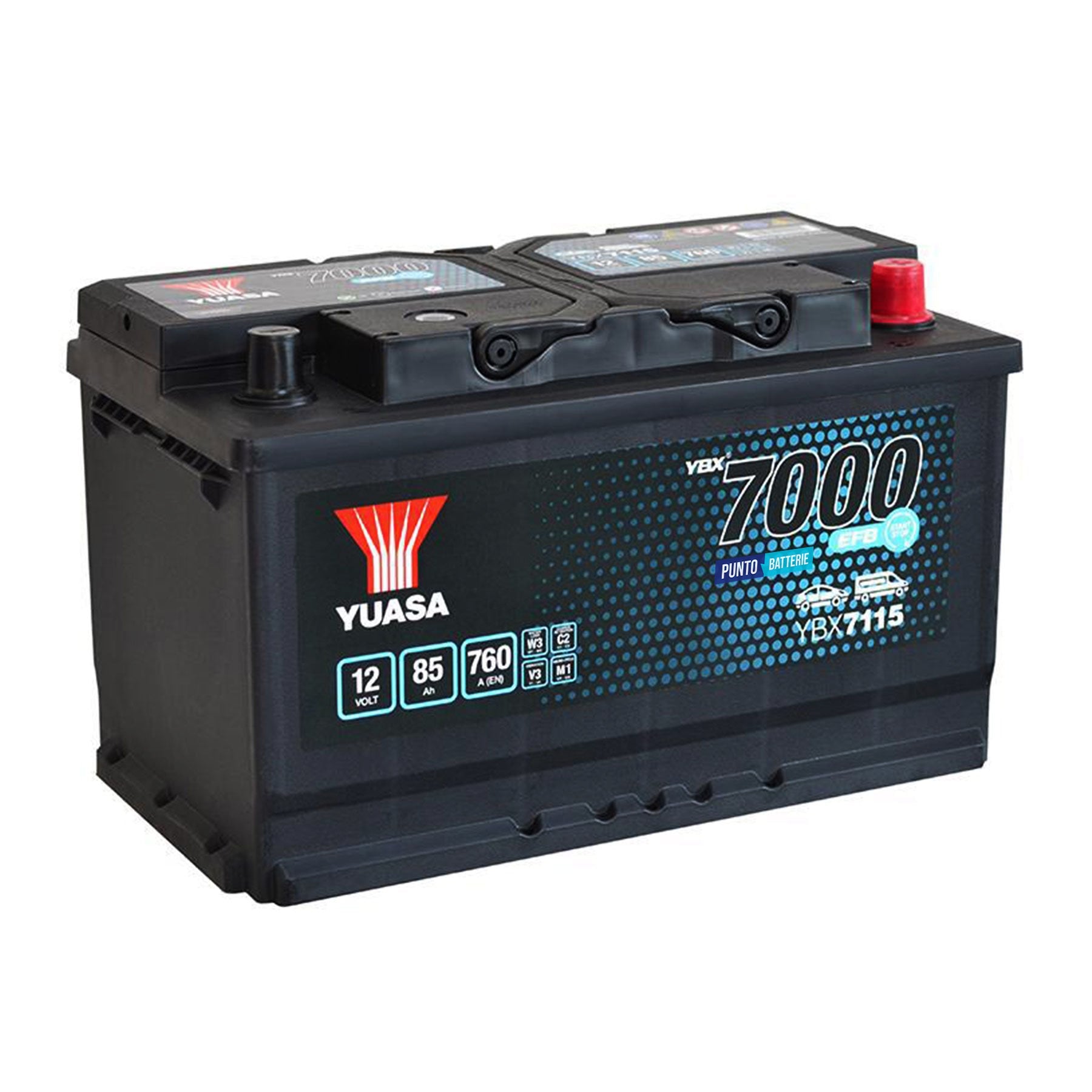 Batteria originale Yuasa YBX7000 YBX7115, dimensioni 317 x 175 x 190, polo positivo a destra, 12 volt, 85 amperora, 760 ampere, EFB. Batteria per auto e veicoli leggeri con start e stop.