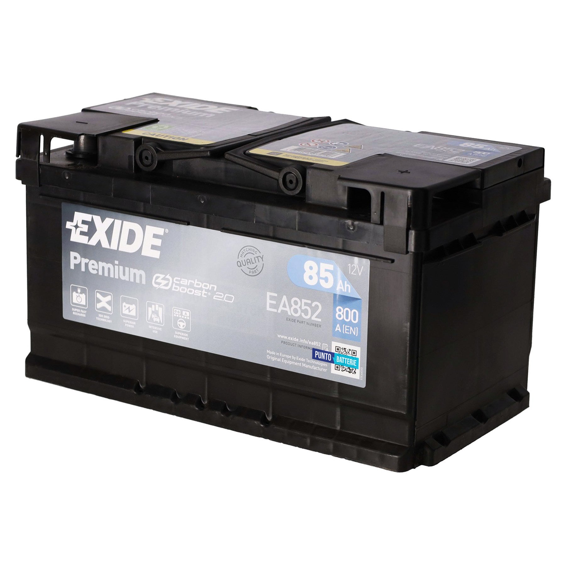 Batteria originale Exide Premium EA852, dimensioni 315 x 175 x 175, polo positivo a destra, 12 volt, 85 amperora, 800 ampere. Batteria per auto e veicoli leggeri.