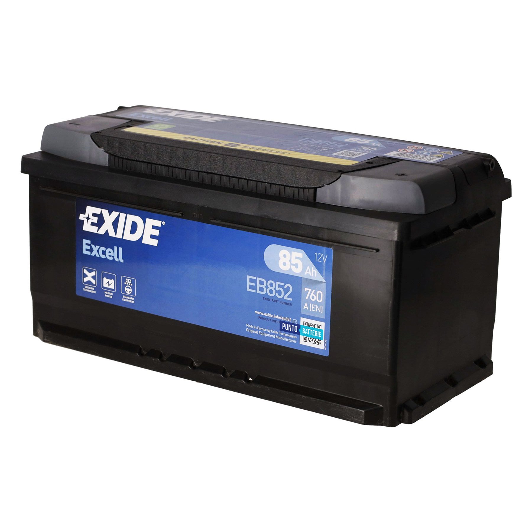 Batteria originale Exide Excell EB852, dimensioni 353 x 175 x 175, polo positivo a destra, 12 volt, 85 amperora, 760 ampere. Batteria per auto e veicoli leggeri.