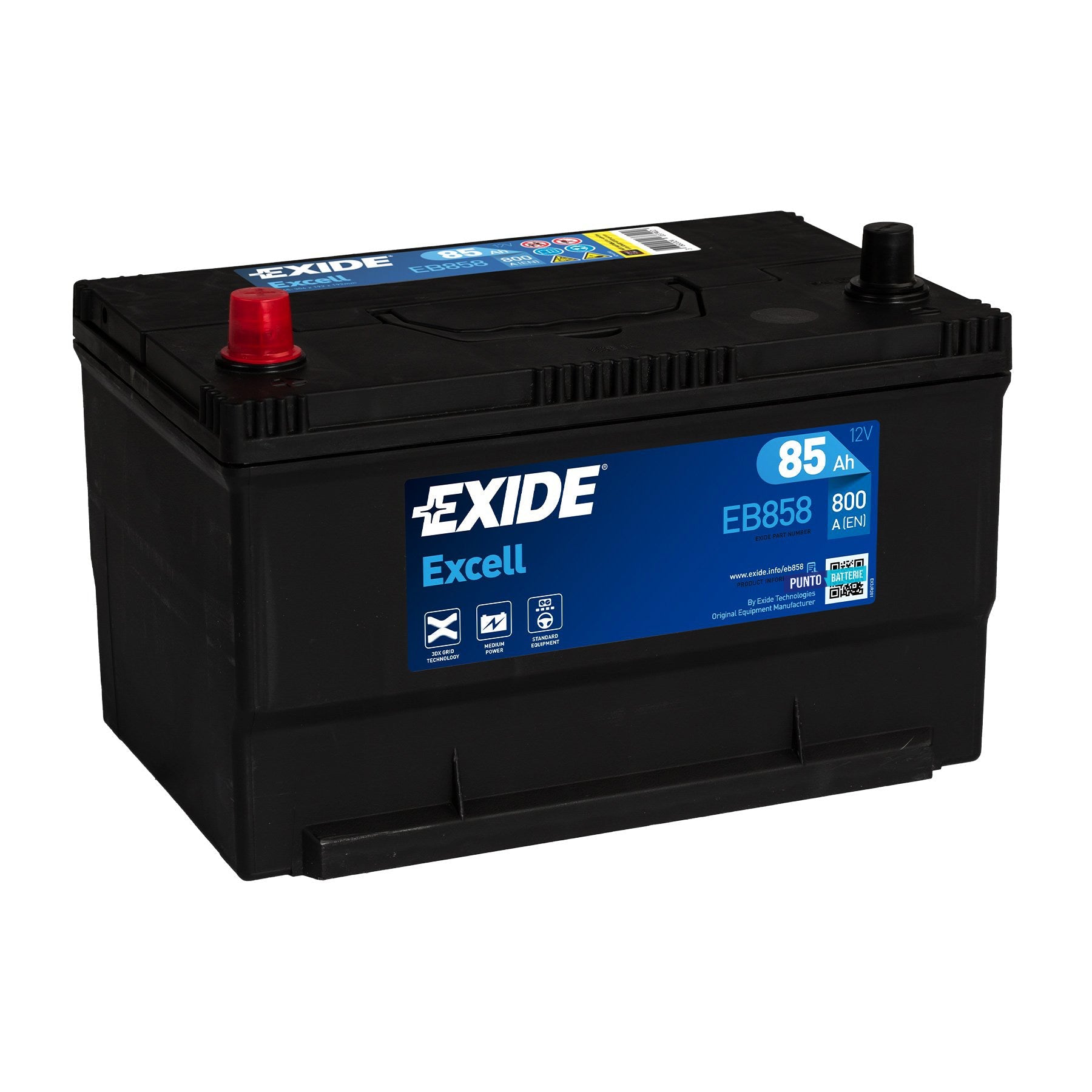 Batteria originale Exide Excell EB858, dimensioni 306 x 192 x 192, polo positivo a sinistra, 12 volt, 85 amperora, 800 ampere. Batteria per auto e veicoli leggeri.