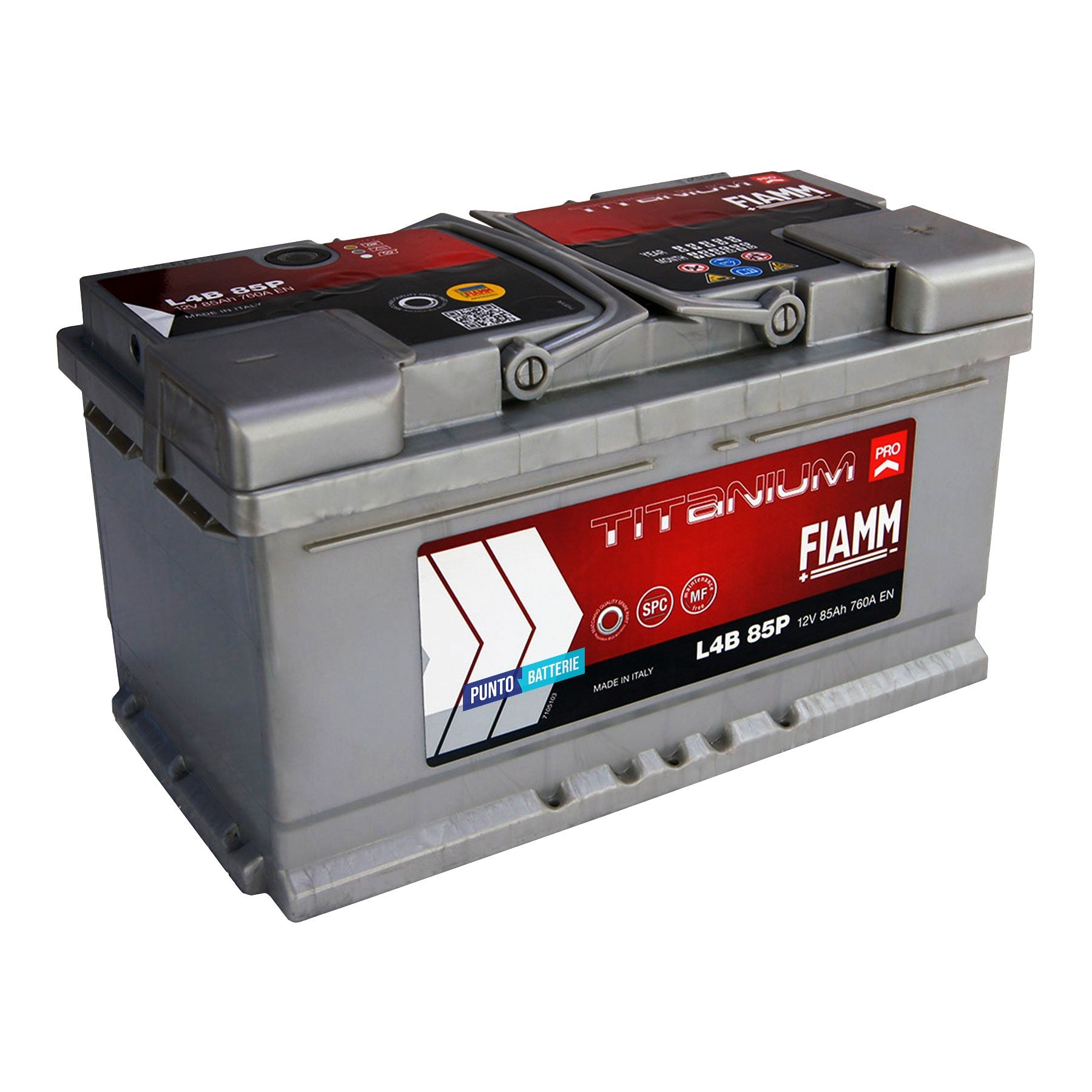 Batteria originale Fiamm Titanium PRO L4B 85P, dimensioni 315 x 175 x 175, polo positivo a destra, 12 volt, 85 amperora, 760 ampere. Batteria per auto e veicoli leggeri.