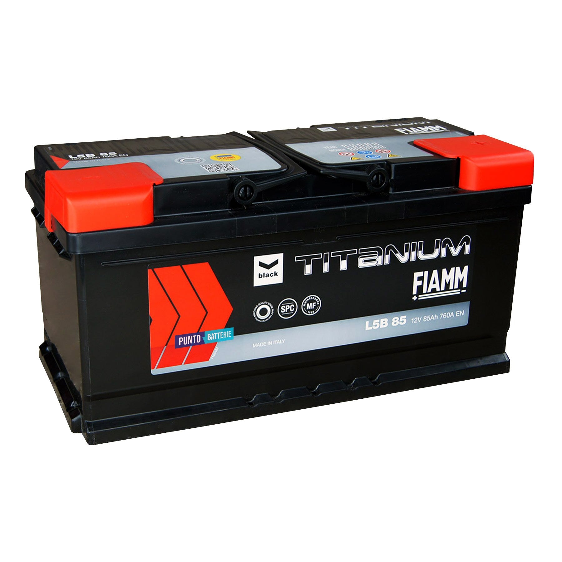 Batteria originale Fiamm Black Titanium L5B 85, dimensioni 353 x 175 x 175, polo positivo a destra, 12 volt, 85 amperora, 760 ampere. Batteria per auto e veicoli leggeri.