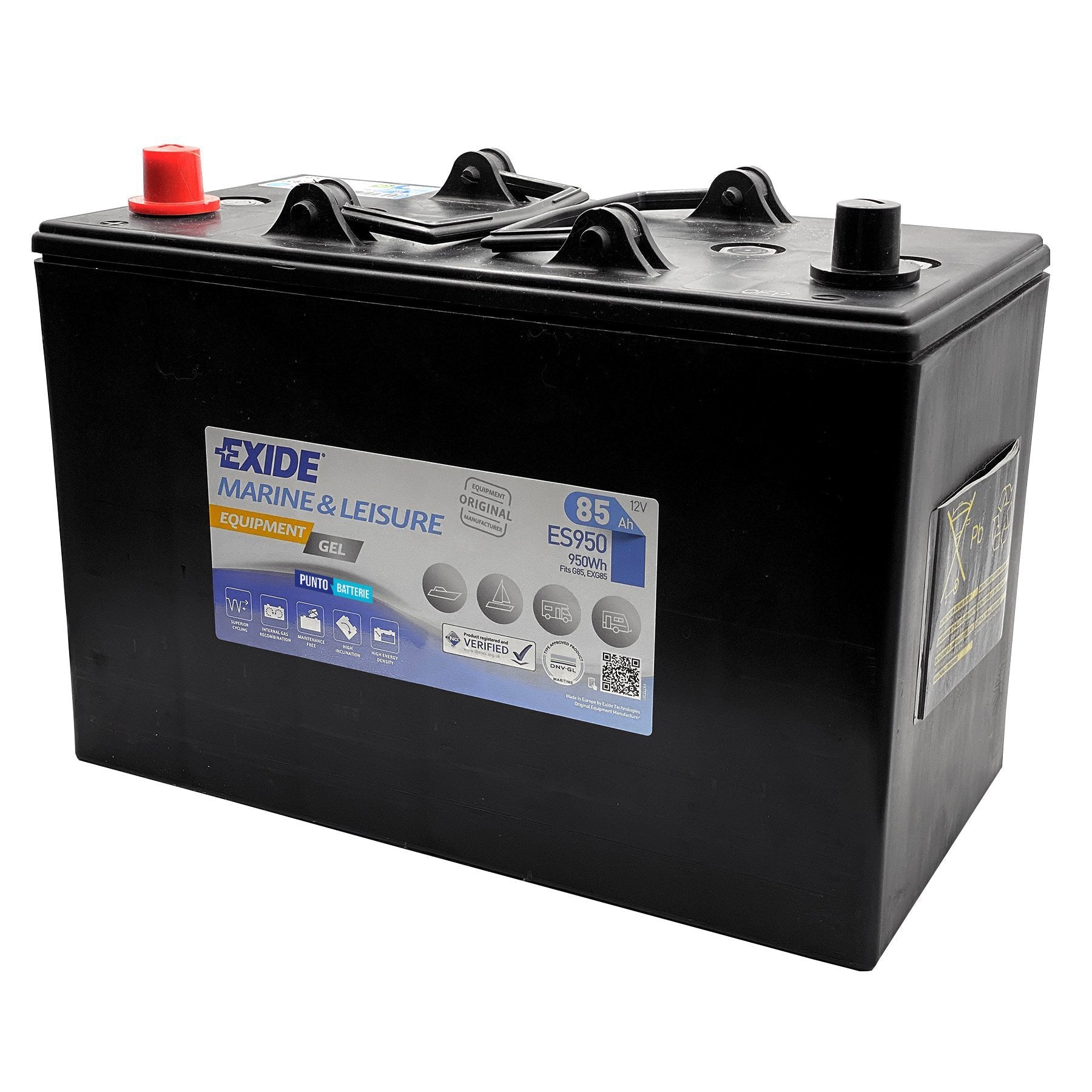 Batteria originale Exide Equipment Gel ES950, dimensioni 330 x 171 x 235, 12 volt, 85 amperora, GEL. Batteria per servizi di camper, barca e applicazioni a scarica lenta.
