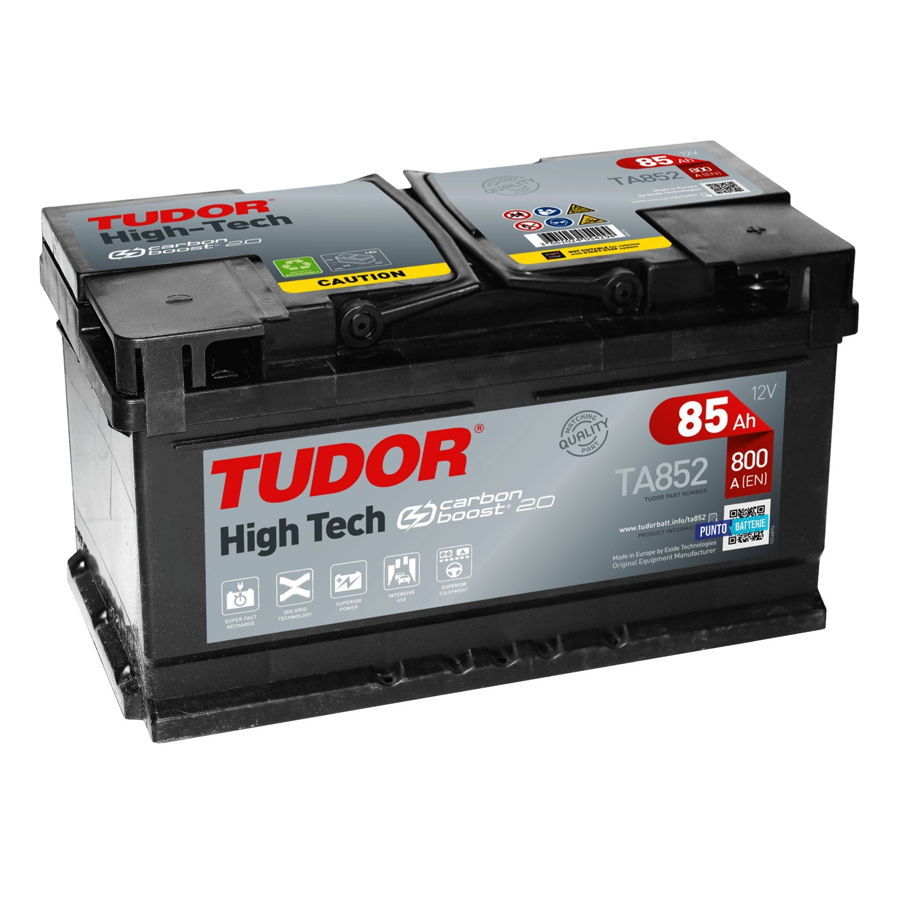 Batteria originale Tudor High Tech TA852, dimensioni 315 x 175 x 175, polo positivo a destra, 12 volt, 85 amperora, 800 ampere. Batteria per auto e veicoli leggeri.