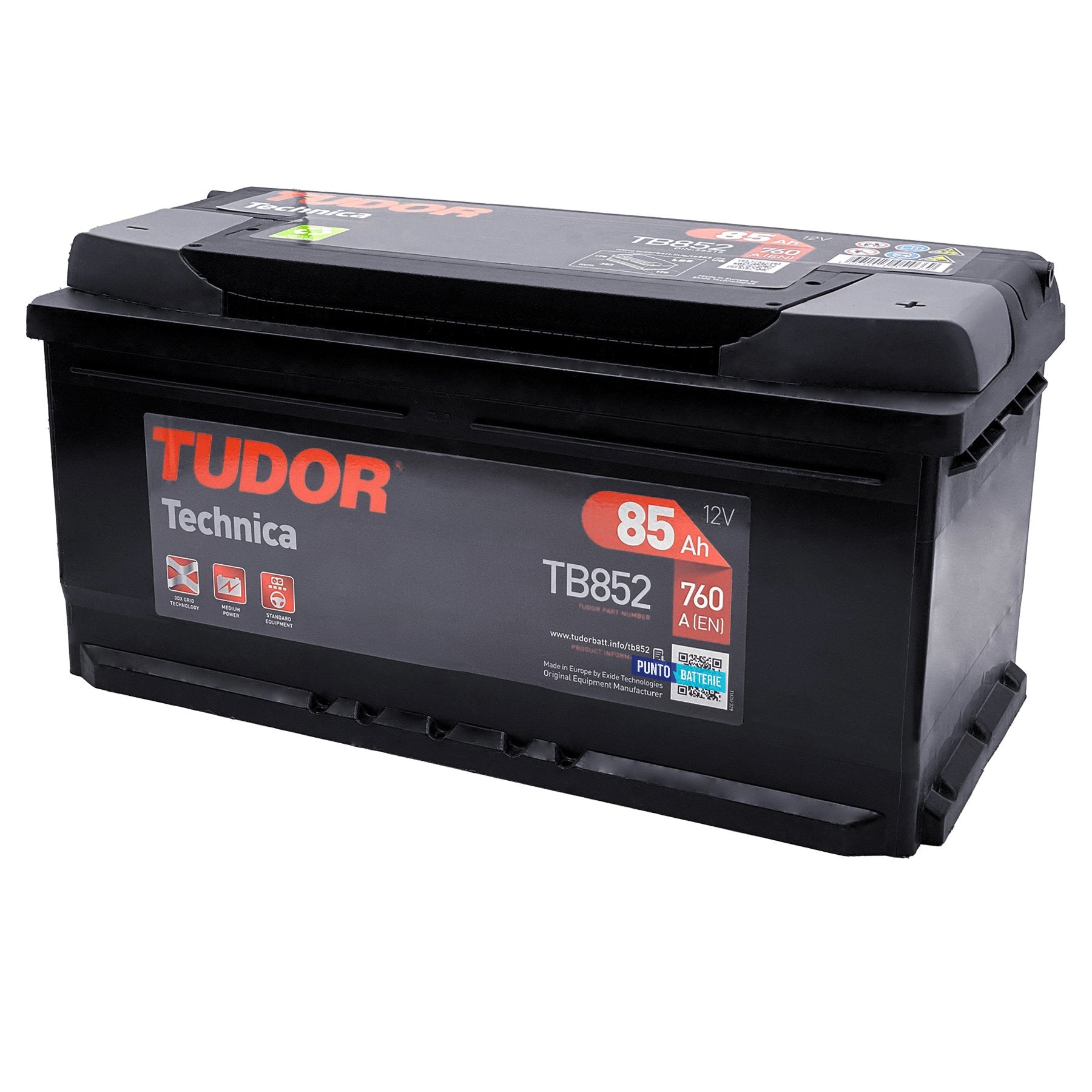 Batteria originale Tudor Technica TB852, dimensioni 353 x 175 x 175, polo positivo a destra, 12 volt, 85 amperora, 760 ampere. Batteria per auto e veicoli leggeri.