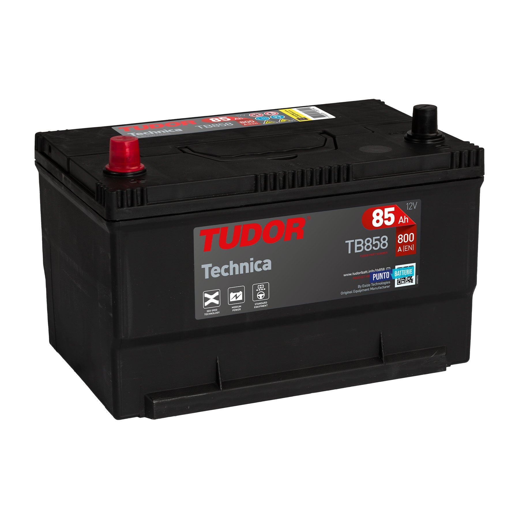 Batteria originale Tudor Technica TB858, dimensioni 306 x 192 x 192, polo positivo a sinistra, 12 volt, 85 amperora, 800 ampere. Batteria per auto e veicoli leggeri.