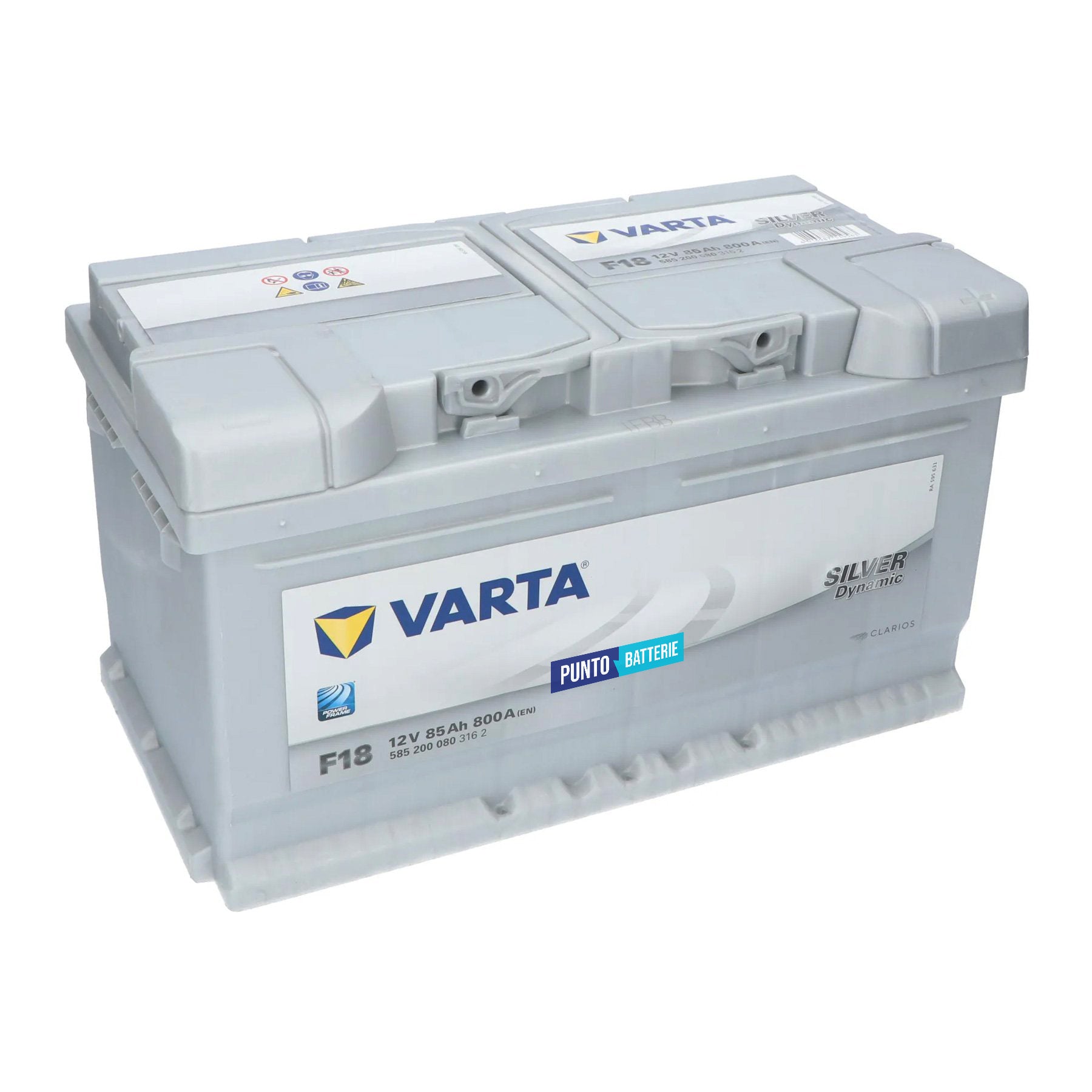 Batteria originale Varta Silver Dynamic F18, dimensioni 315 x 175 x 175, polo positivo a destra, 12 volt, 85 amperora, 800 ampere. Batteria per auto e veicoli leggeri.